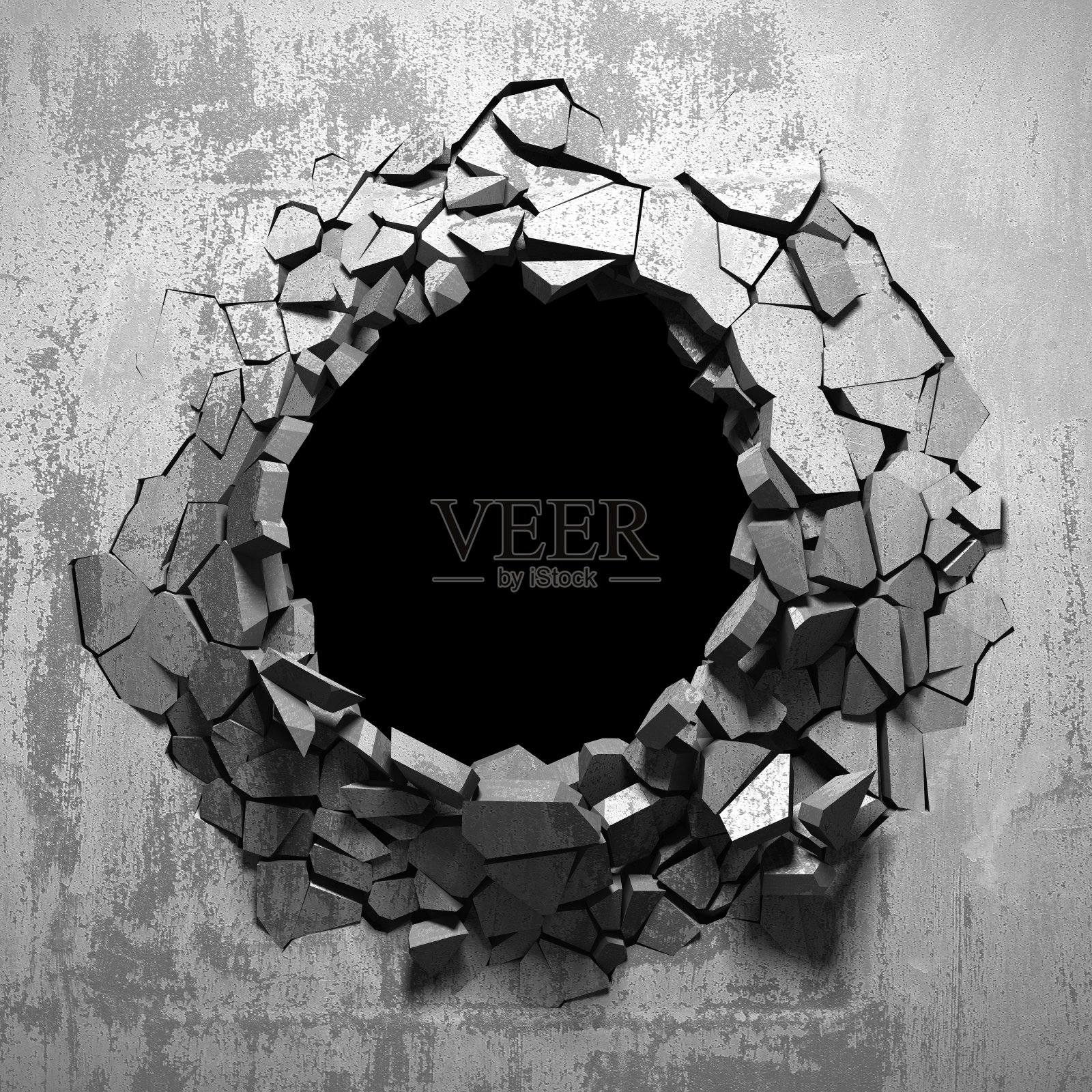 混凝土墙上有一个黑色的裂缝和破洞照片摄影图片