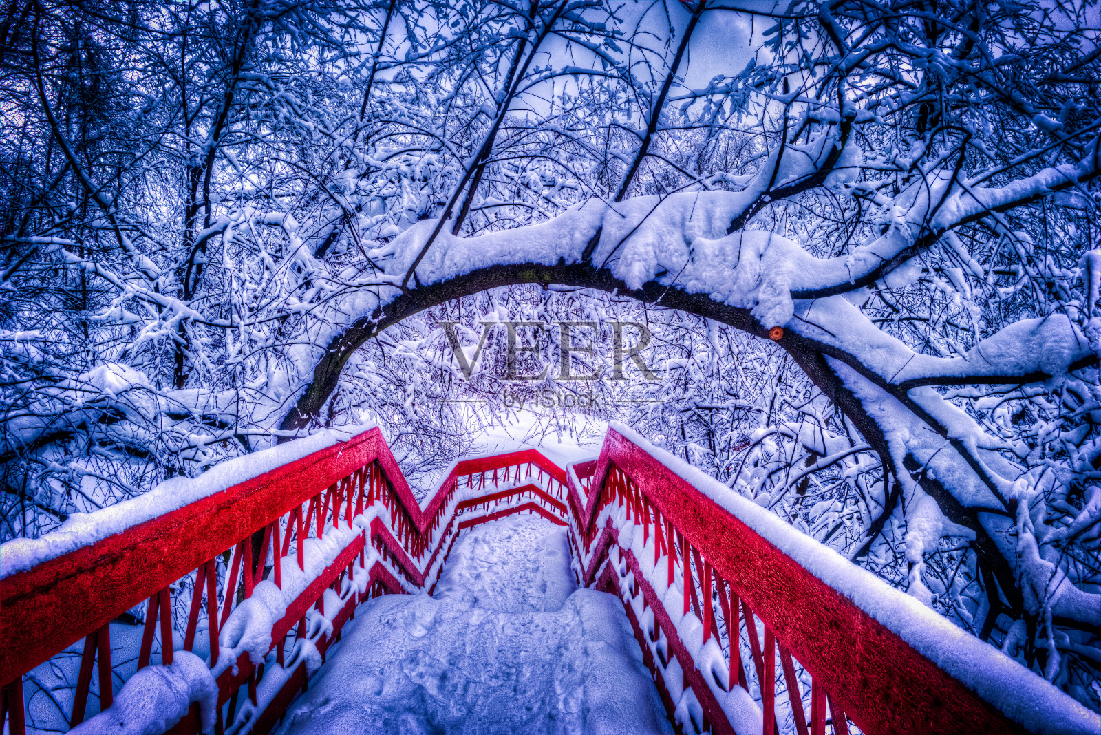 日本红桥与雪在池塘在冬天照片摄影图片