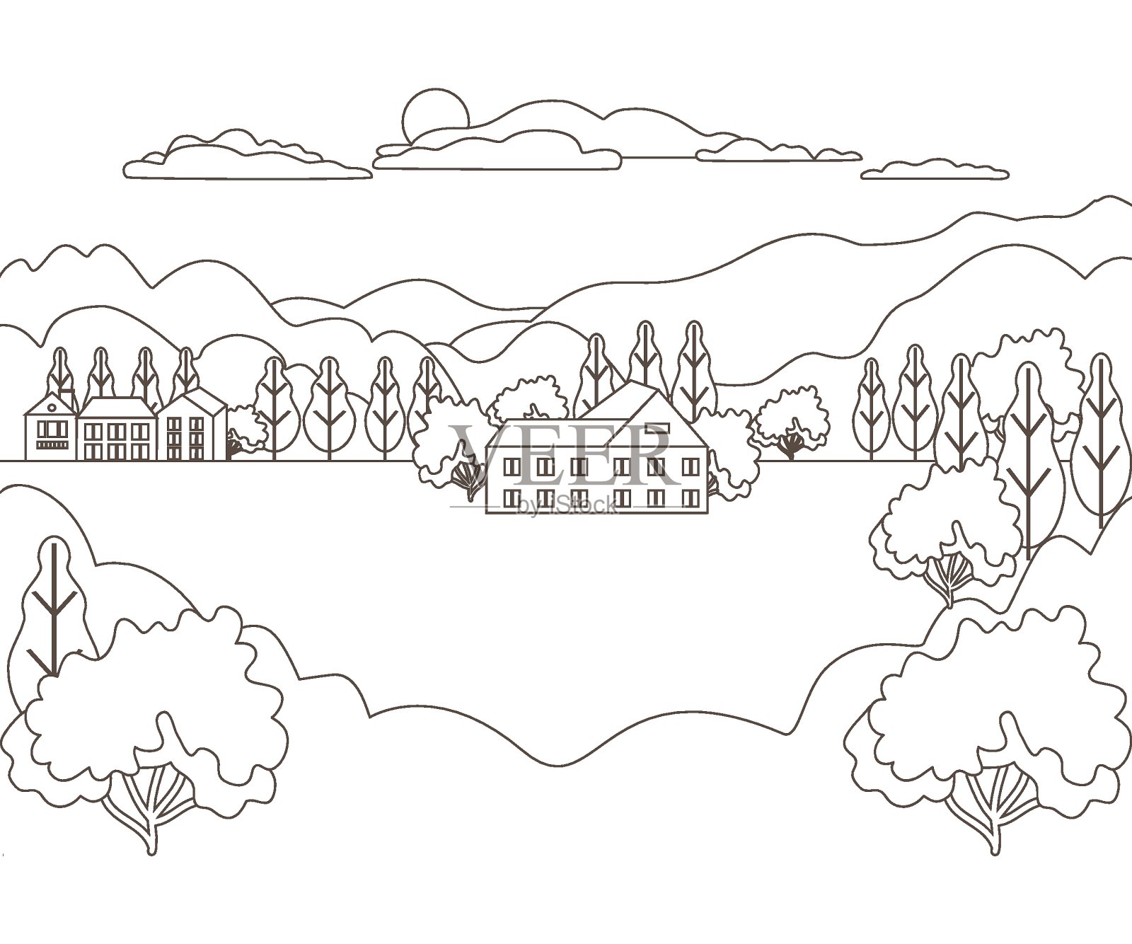 细线勾勒出田园农庄景观。全景设计以山、山、树、天、云、太阳为主题的现代化村落。线条艺术风格抽象背景，线性矢量插图插画图片素材