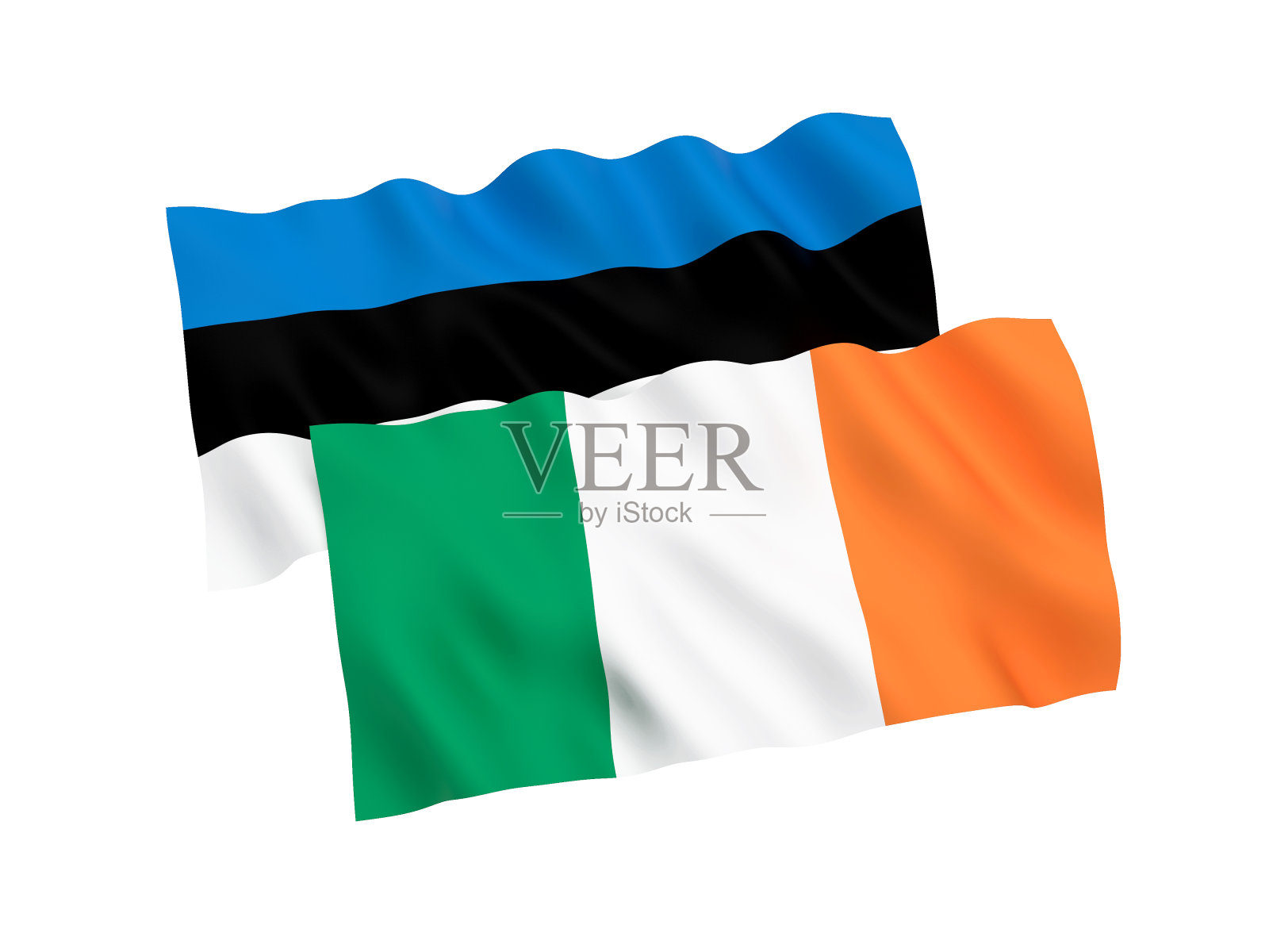 白色背景上的爱沙尼亚和爱尔兰国旗照片摄影图片