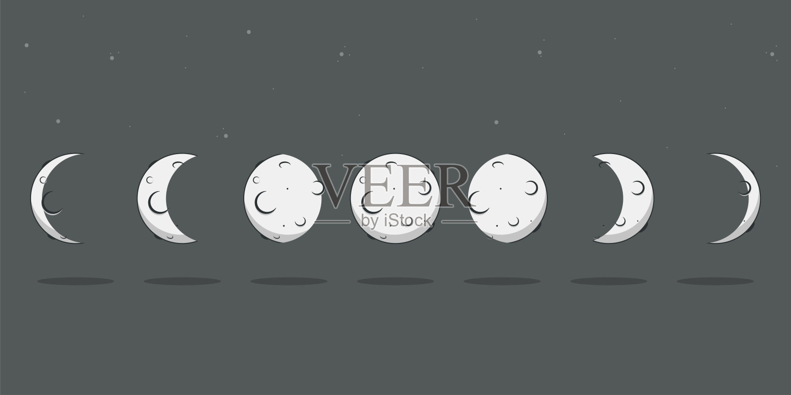 月相矢量卡通平面月亮周期图标孤立在星空背景。插画图片素材