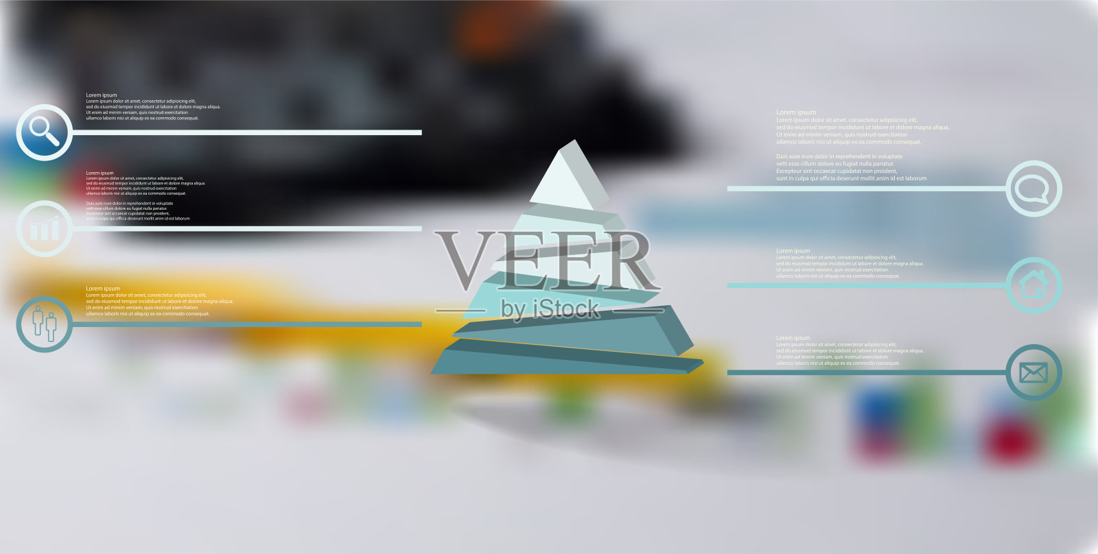 3D插图信息图模板。浮雕三角形被随机分为六个颜色部分。物体被安排在模糊的照片背景上。带有圆圈标志的线条在两侧。插画图片素材