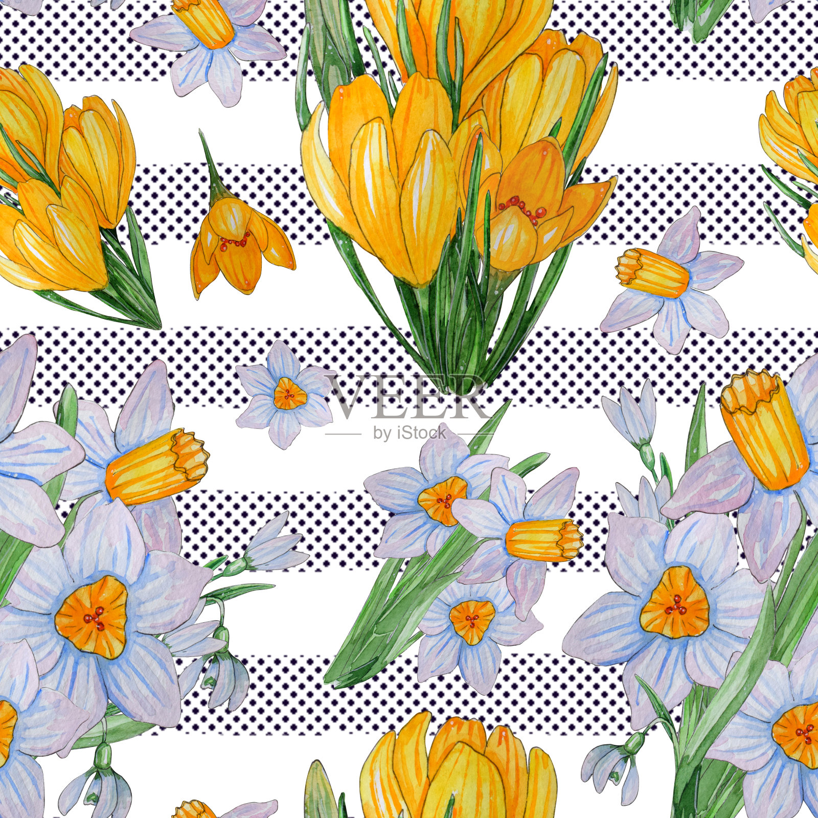 手绘水彩春花无缝图案。插画图片素材