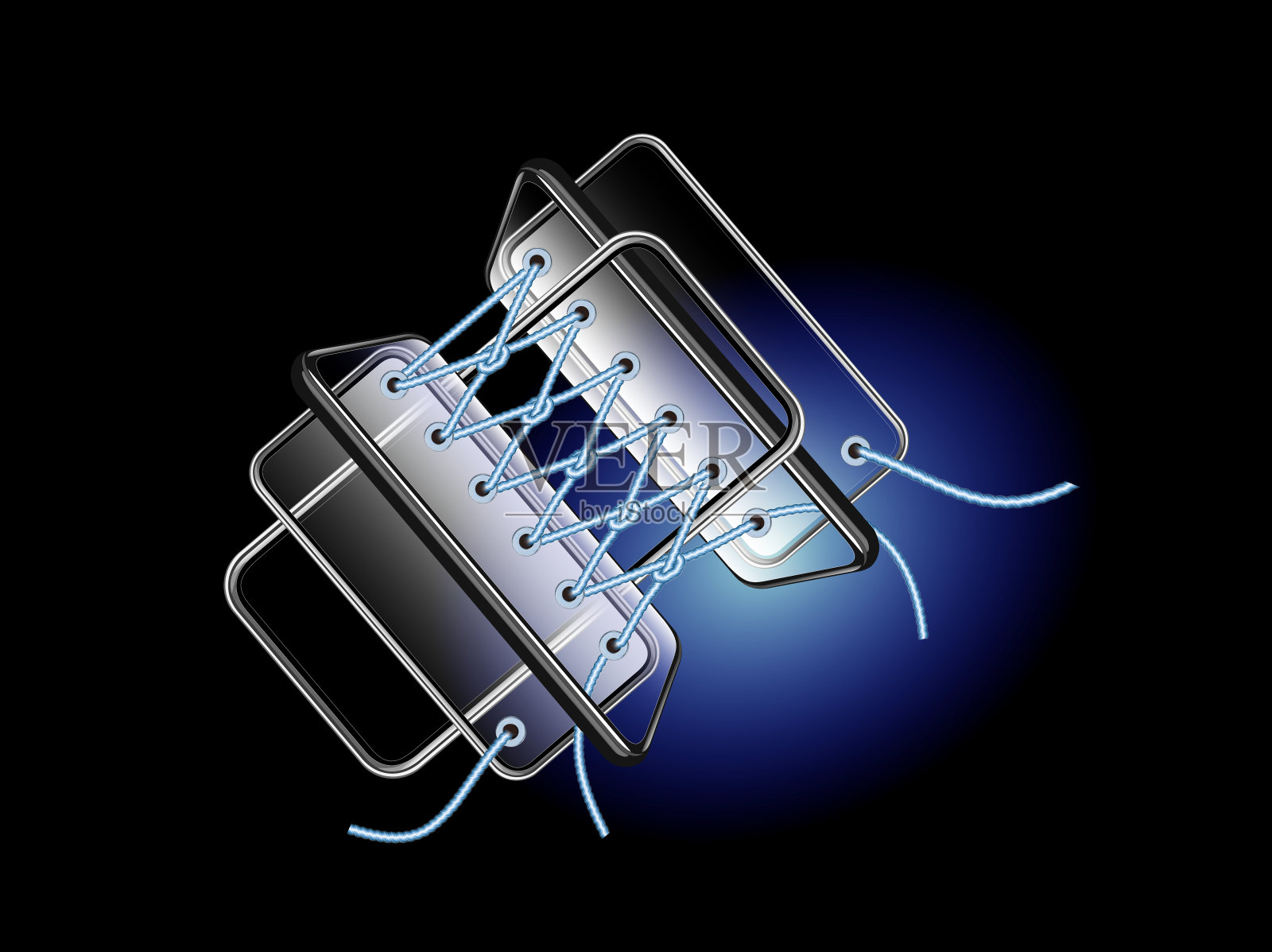 多部智能手机编织成绳子，就像鞋子里的鞋带照片摄影图片
