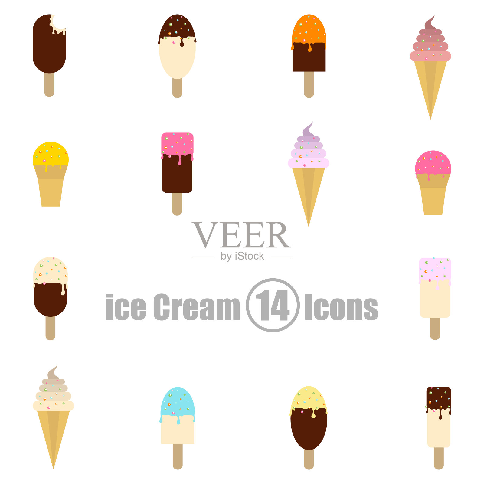一套14个图标的冰淇淋在一个平坦的风格图标素材