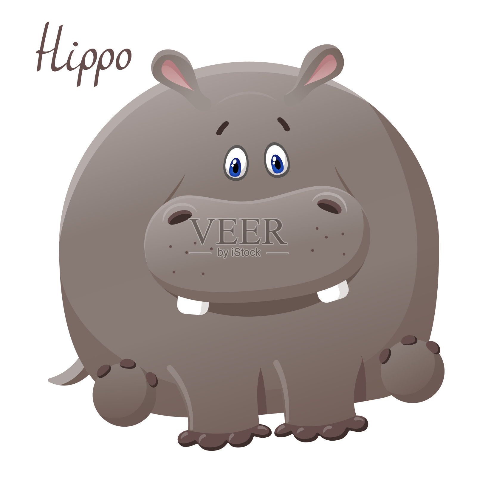 有趣的向量贺卡与可爱的胖卡通彩色河马。服装和室内趣味设计的概念。简单的漫画动物角色插画图片素材