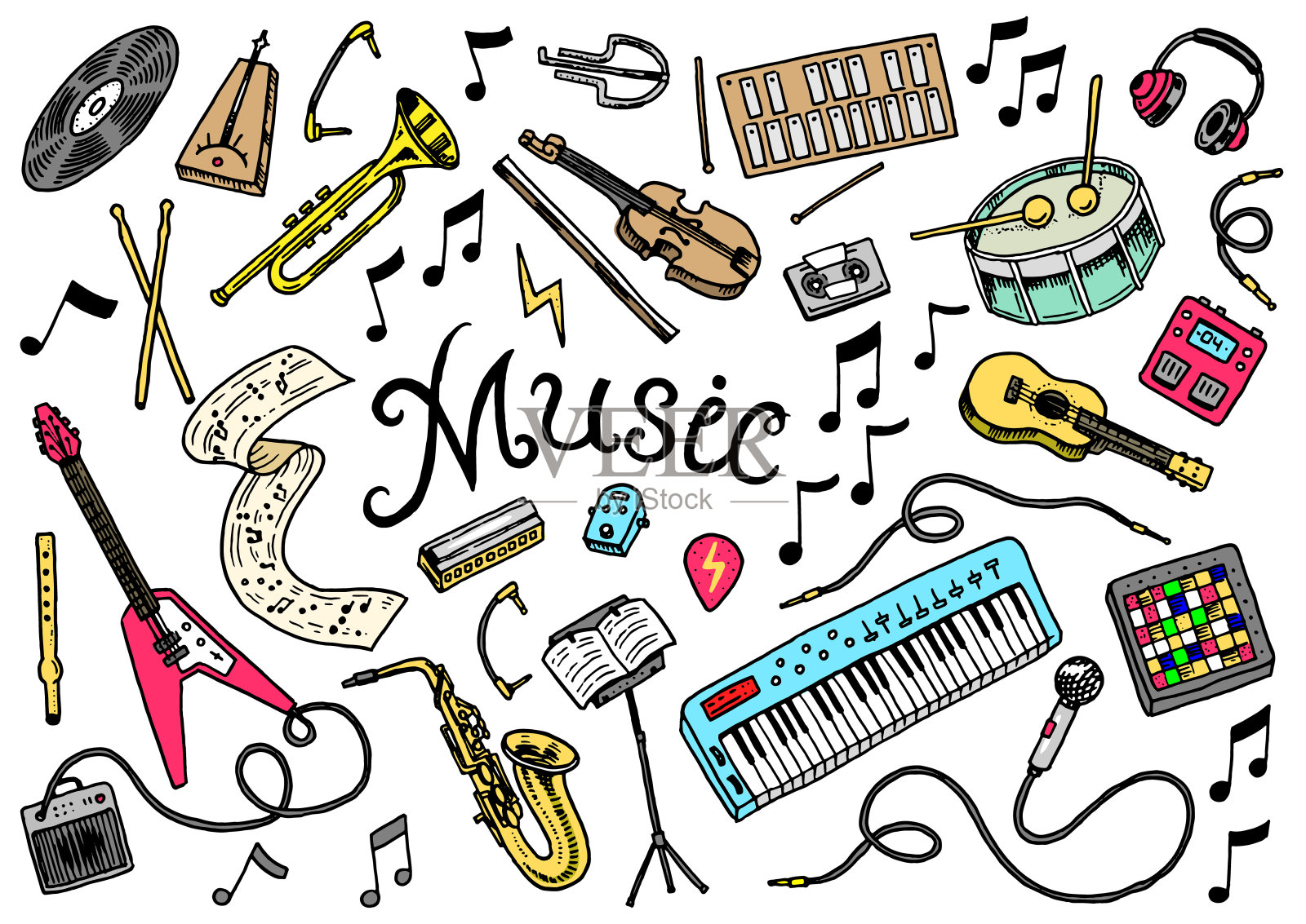一组音乐符号和图标。吉他鼓钢琴，创意工具和爱好。复古的网页横幅的大纲草图。教育的概念。回到学校背景。手绘涂鸦风格。插画图片素材