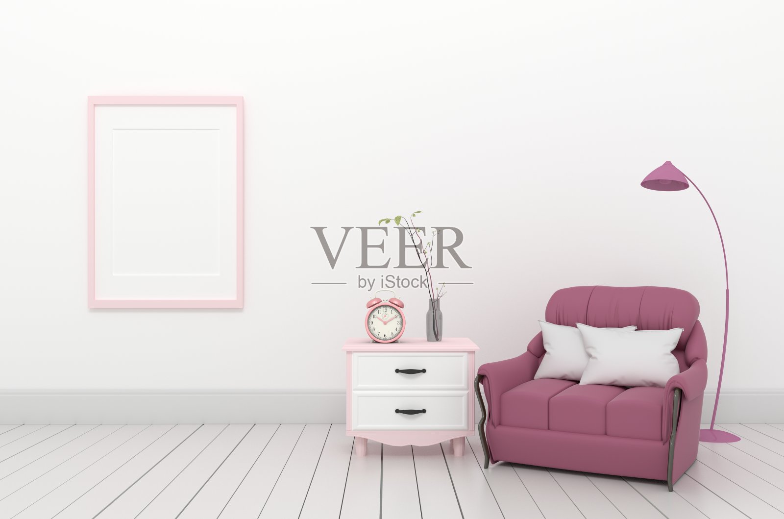 客厅内饰——粉色优雅风格，以名贵的沙发、钟表和植物为主，白色木地板在空白的白色墙壁上。三维渲染照片摄影图片