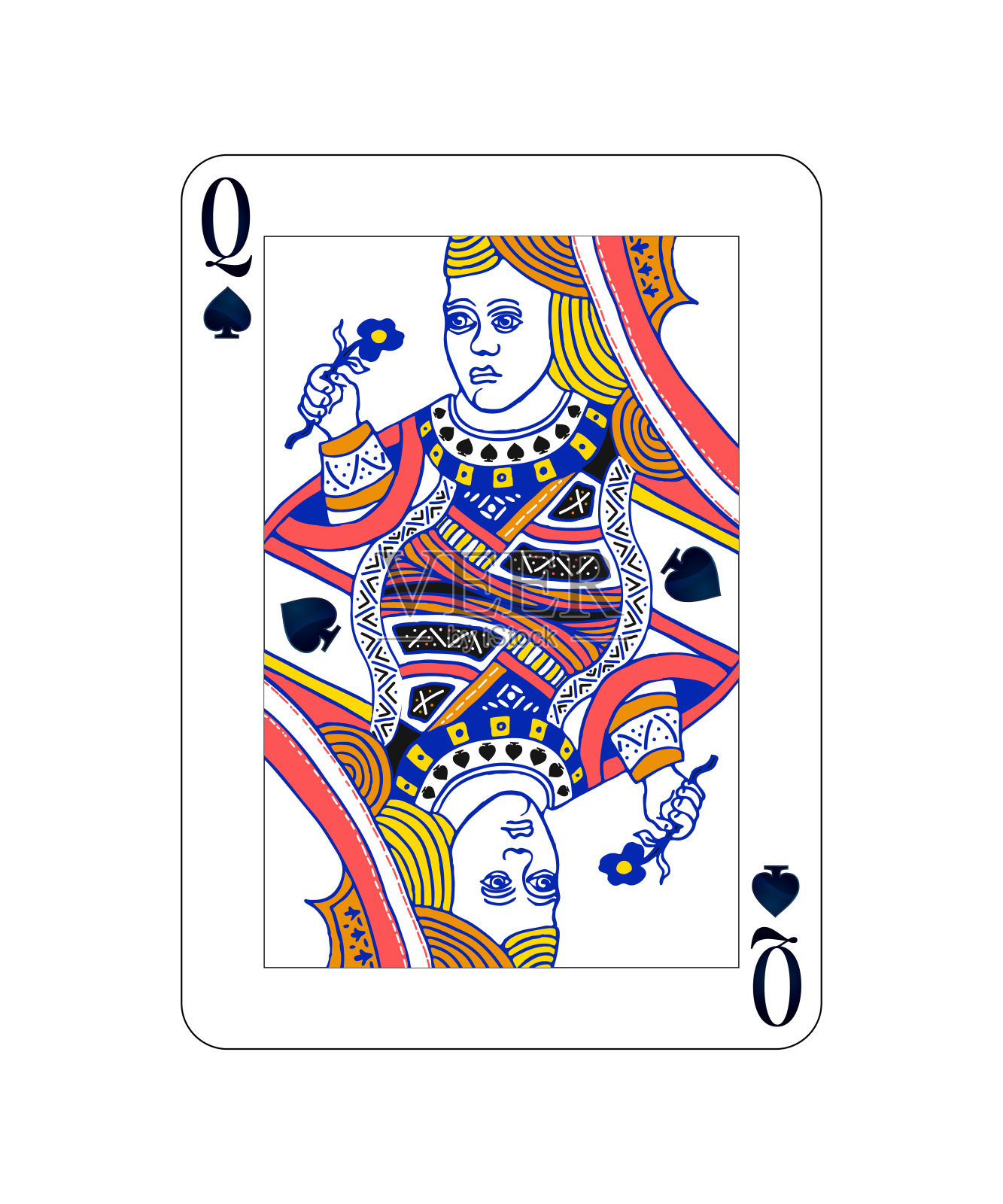 纸牌中的黑桃皇后与孤立在白色上插画图片素材