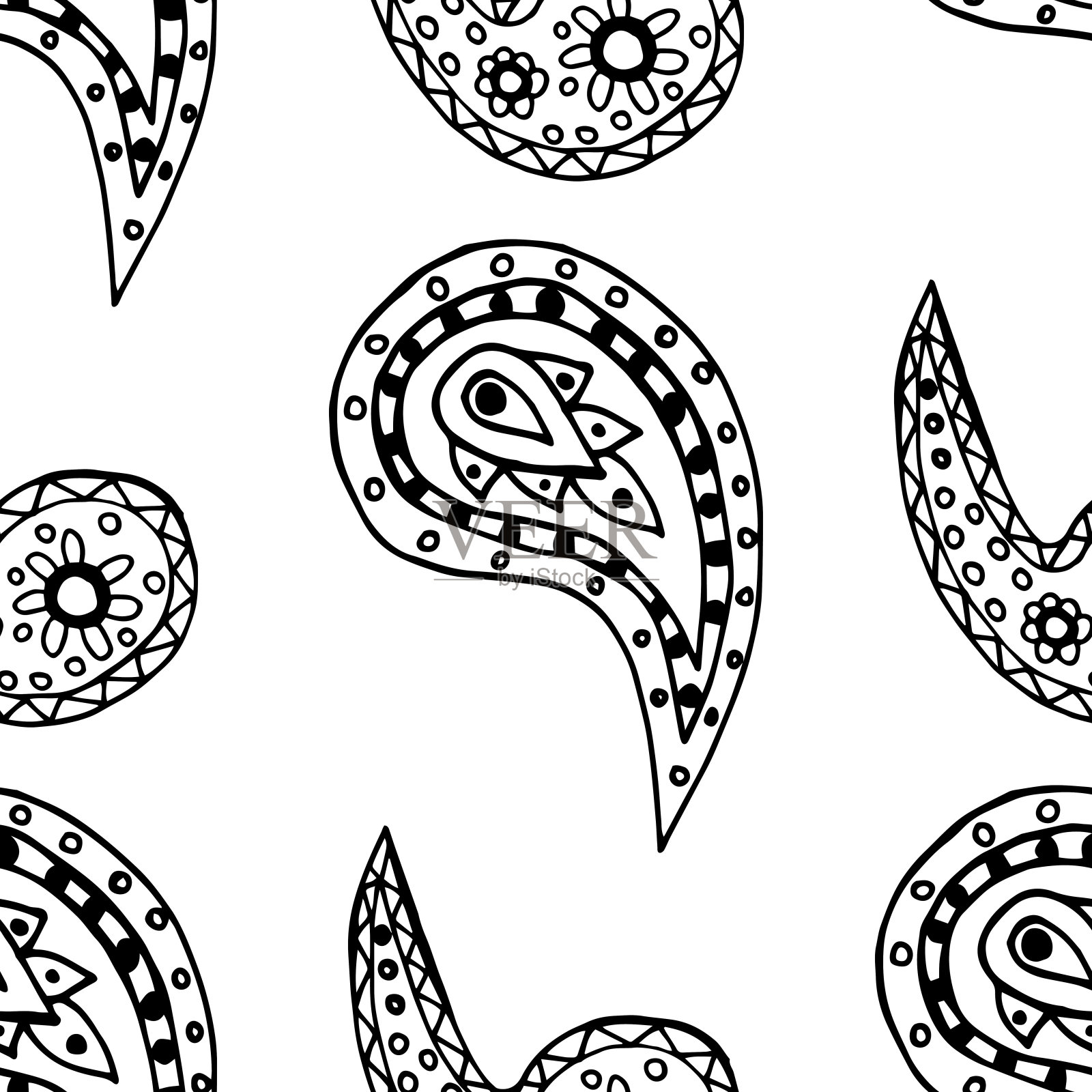 佩斯利无缝图案，手绘印度黄瓜，素描插画图片素材