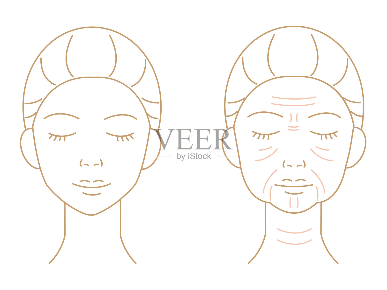 年轻和年老的女人脸上皱纹皮肤。护肤前后概念插画图片素材