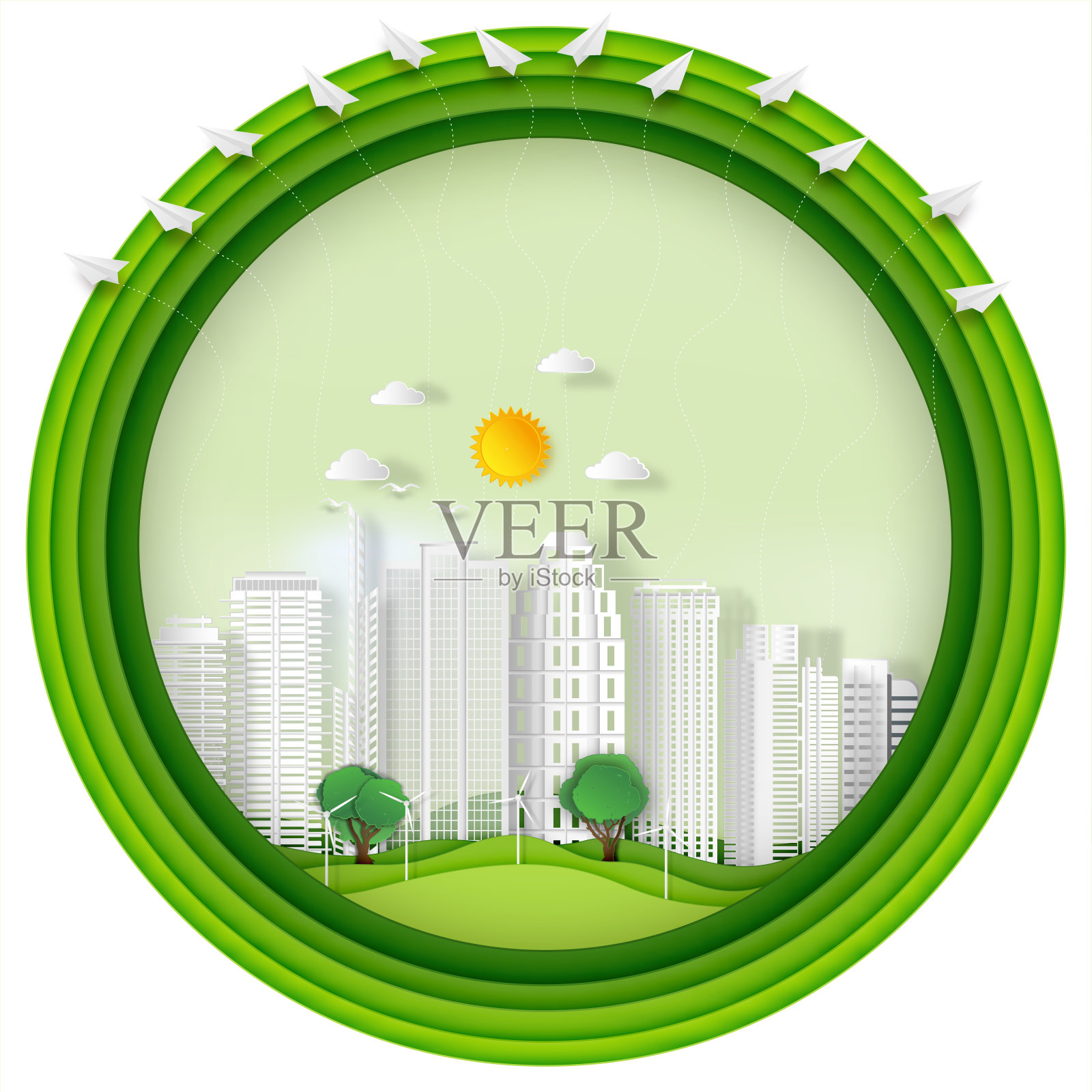 纸艺、剪纸和工艺风格的绿色生态城市，以飞机飞行的建筑和自然城市景观作为生态和环境保护的创意理念理念。矢量图插画图片素材