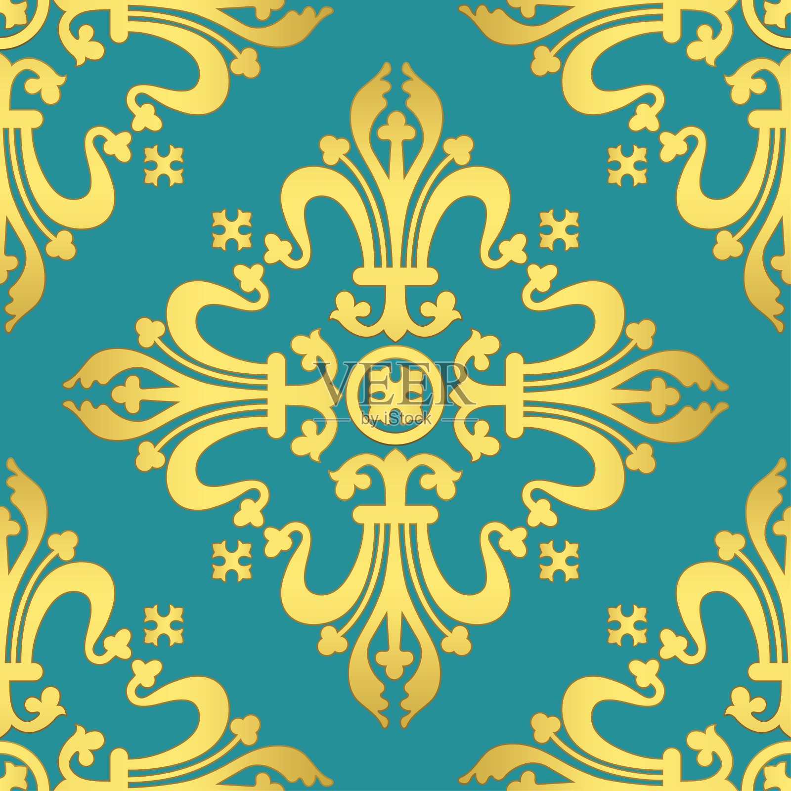 复古巴洛克装饰，锦缎花豪华无缝图案，矢量插图。金色东方花窗，绿松石背景，复古复古洛可可式浪漫装饰插画图片素材