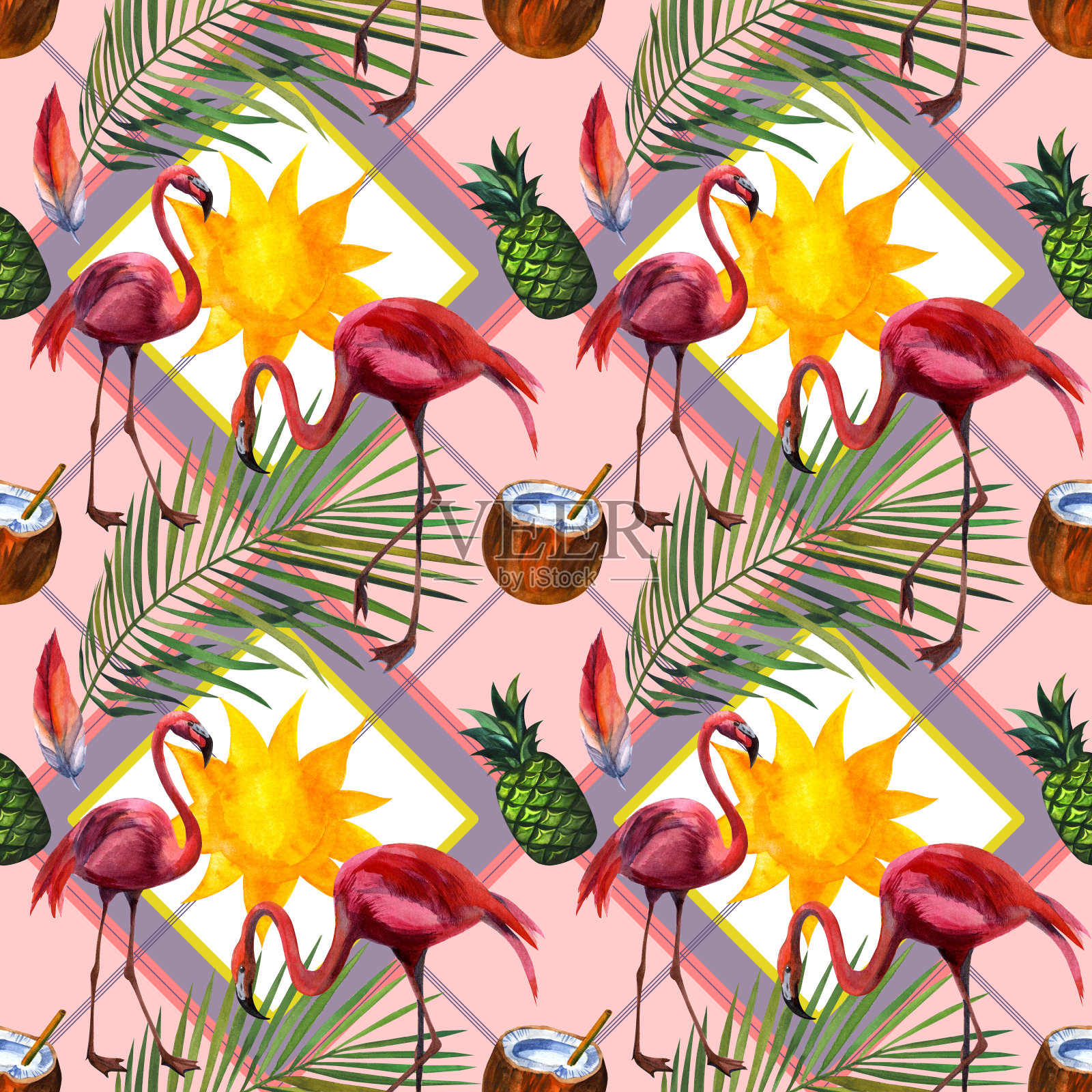 水彩热带野生火烈鸟图案。手绘丛林自然，花卉插画插画图片素材