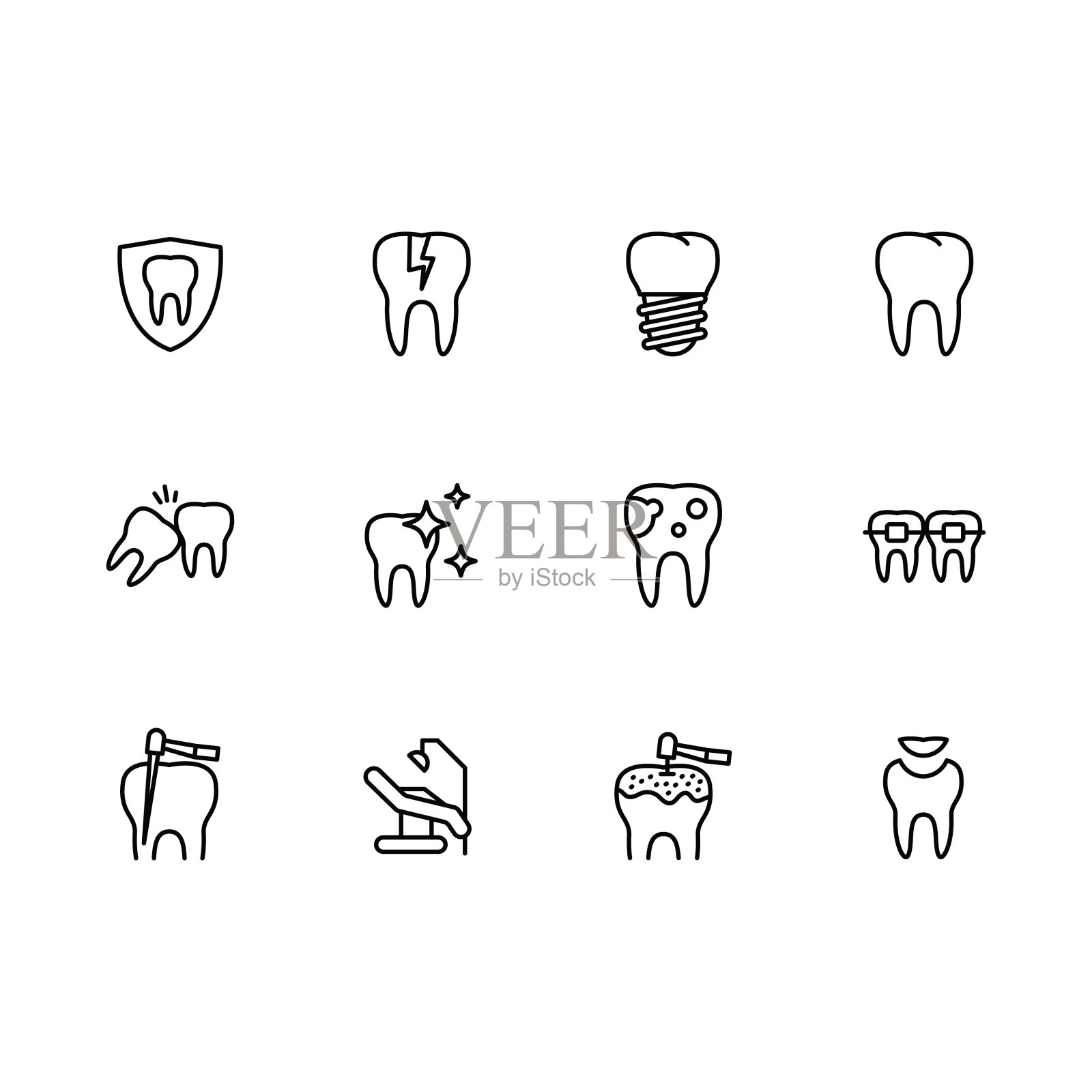 矢量图标设置健康牙齿和牙科治疗在医疗诊所。概述插图图标牙科，口腔护理，种植和正畸图标素材