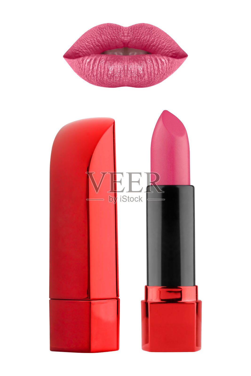 粉红色光泽闪亮的口红在美丽的红色和黑色容器，高分辨率组合女人的嘴唇，孤立的白色背景，剪切路径包括照片摄影图片