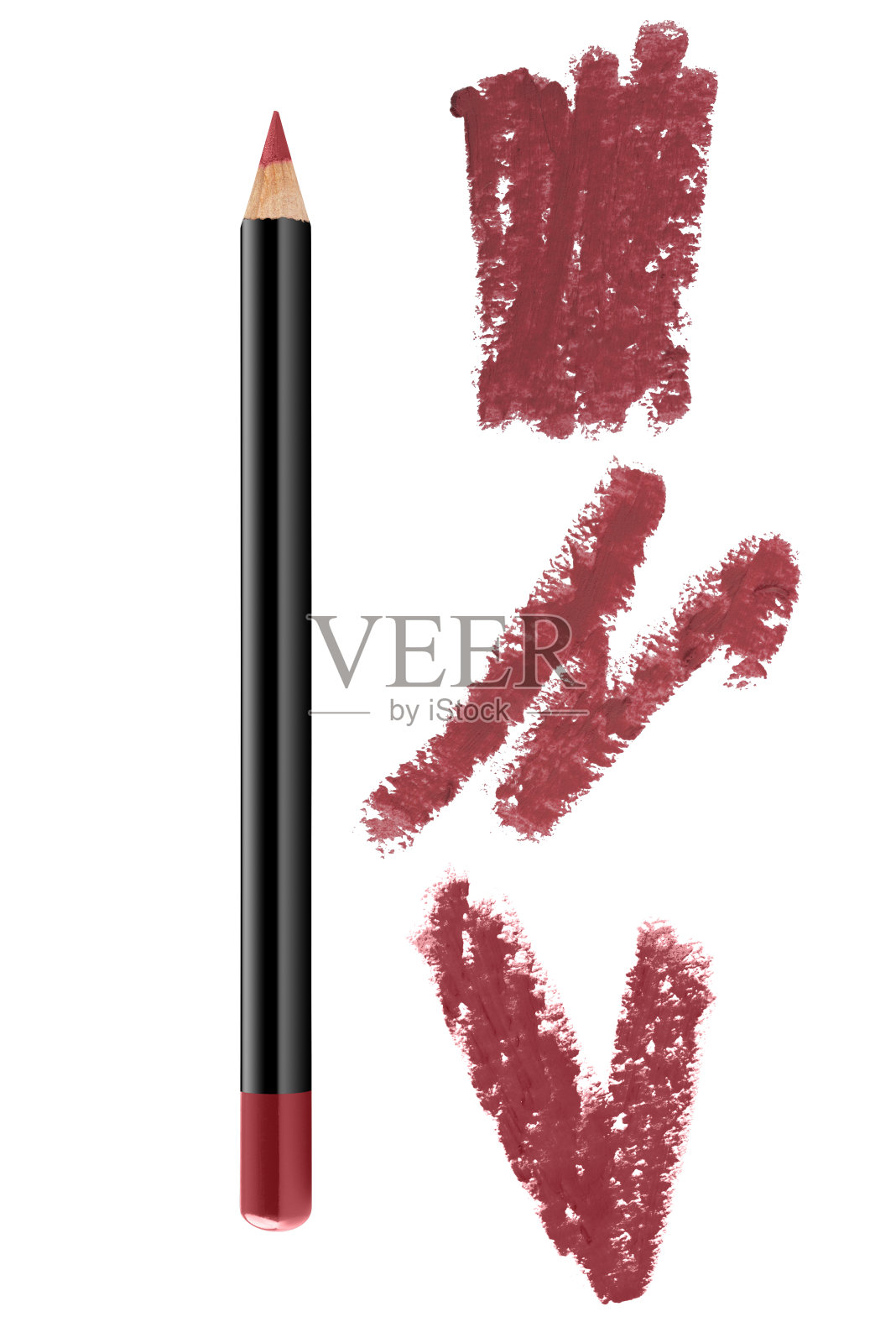 酒红唇轮廓化妆品用彩笔描样品，美品孤立在白色背景上照片摄影图片