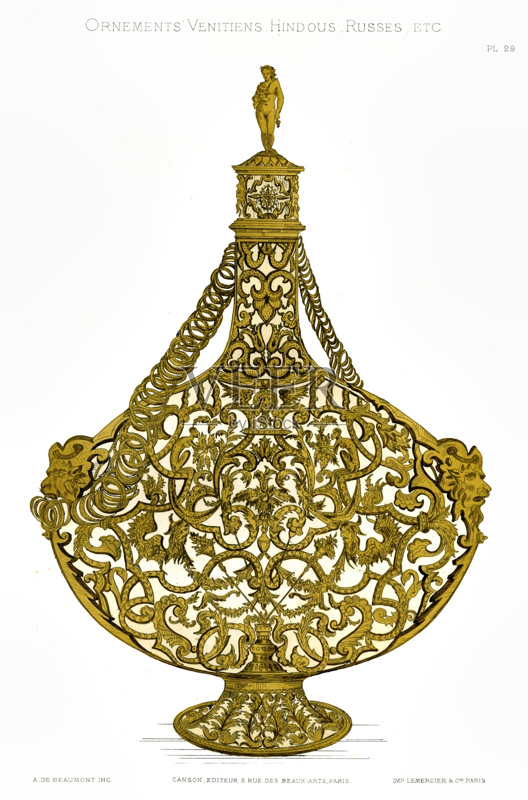 一瓶塞浦路斯葡萄酒，封闭在一个金格子下，威尼斯。出自1883年的威尼斯装饰插画图片素材