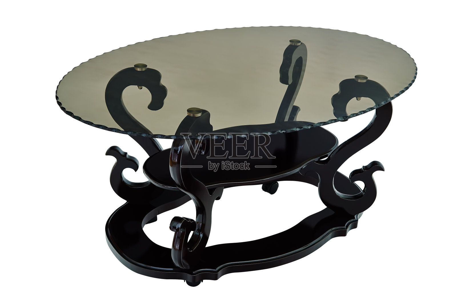 棕色的玻璃和木制的咖啡桌。优雅的餐桌与动物设计的客厅，孤立在白色背景，包括裁剪路径照片摄影图片