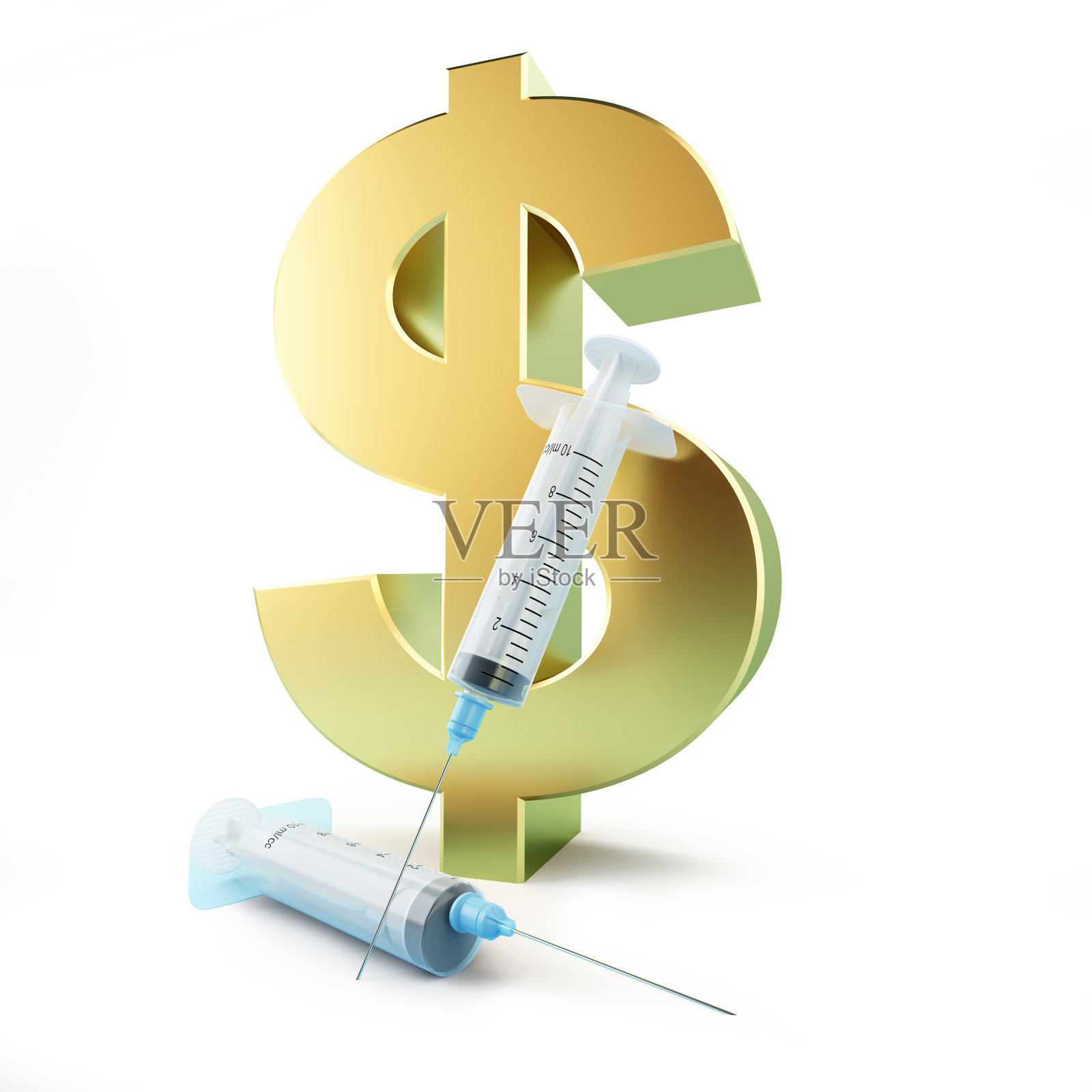 美元符号与注射器在白色背景3D插图，3D渲染照片摄影图片