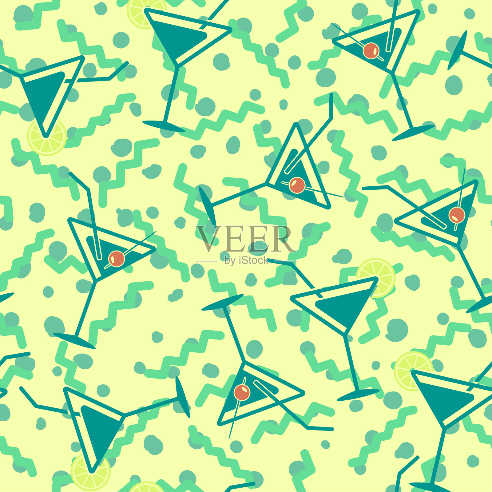 马提尼鸡尾酒杯图案在绿色背景/派对乐趣无缝矢量图案/鸡尾酒与樱桃和柠檬饮料插画图片素材