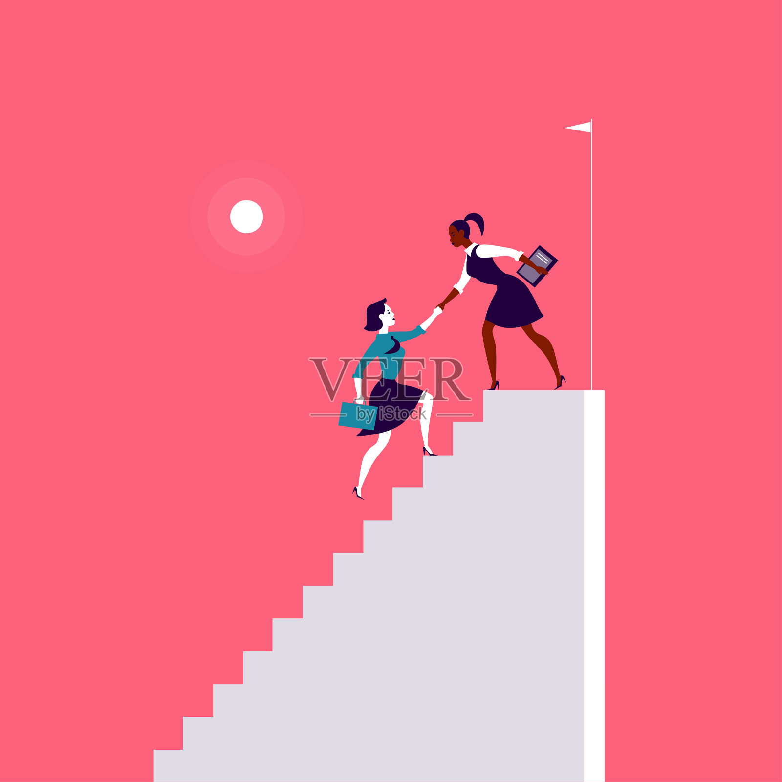 平面插图，商务女士们一起爬上白色楼梯，红色背景。插画图片素材