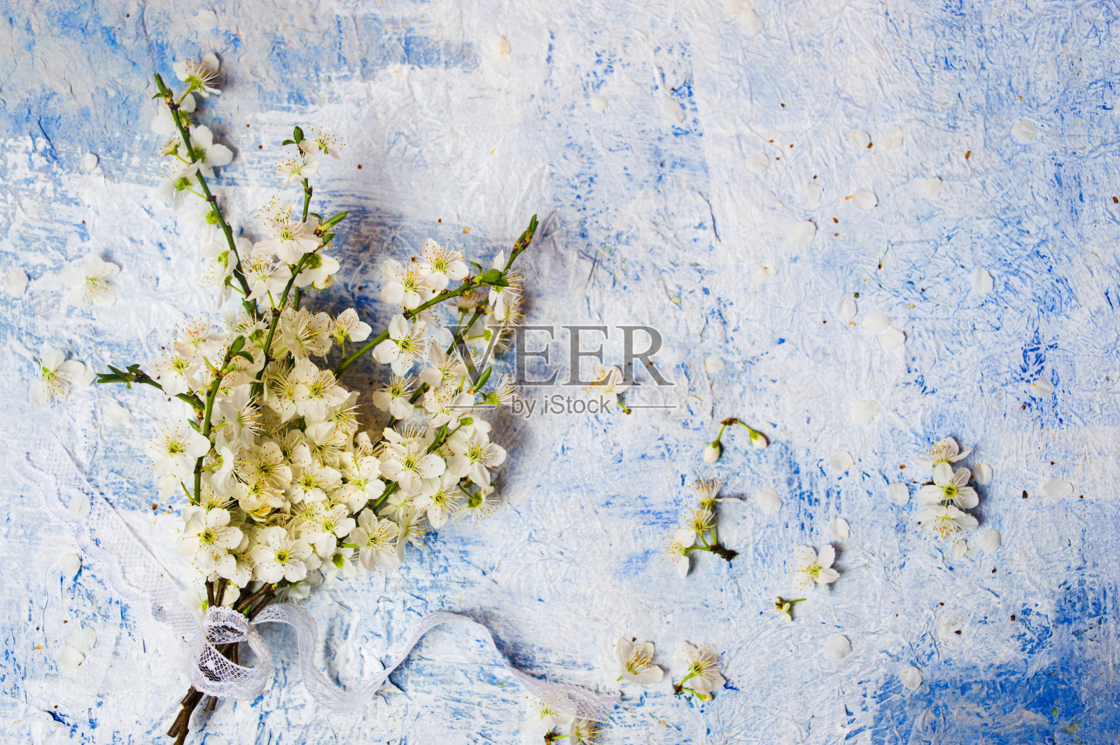 蓝色的桌子上摆着白色的丁香花照片摄影图片