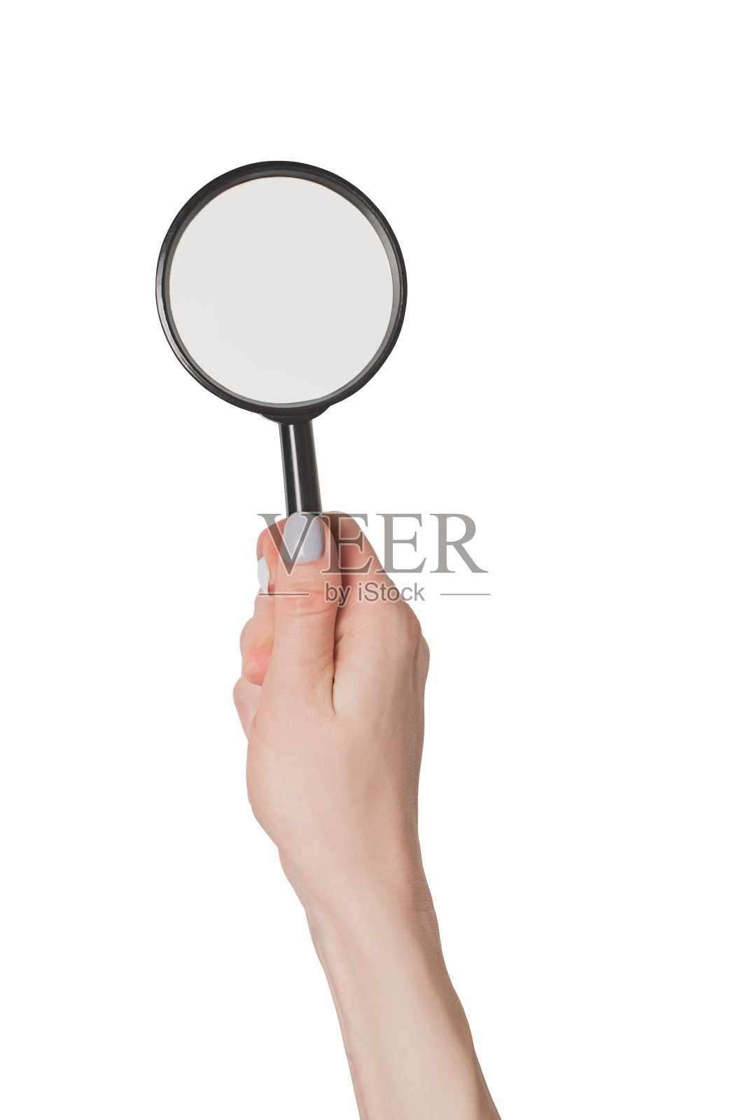 女性手持放大镜隔离在白色背景照片摄影图片