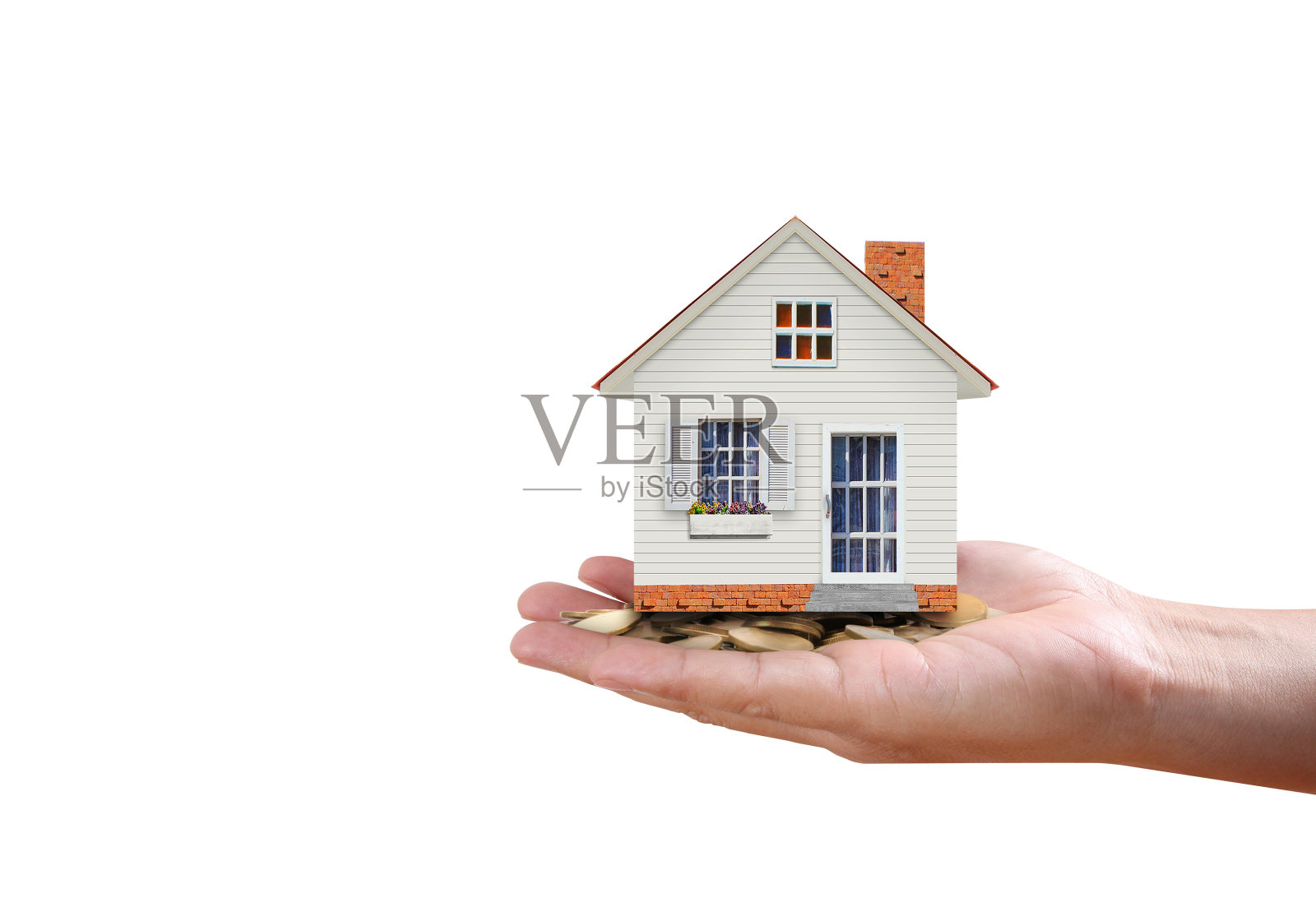 销售人员给买家客户，手里拿着房子照片摄影图片