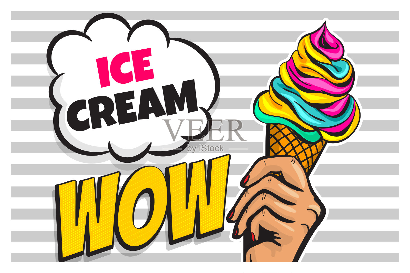 白人女子手拿蛋筒冰淇淋波普艺术插画图片素材