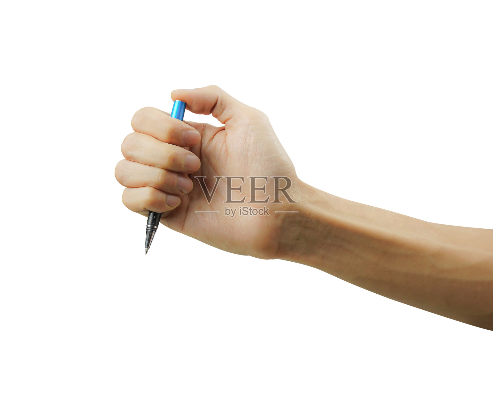 一名手持蓝笔的男子孤立在白色背景下。用钢笔工具仔细裁剪并插入裁剪路径。照片摄影图片