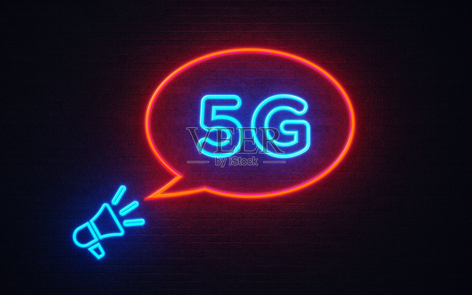 黑墙上的扩音器图标和5G造型霓虹灯照片摄影图片