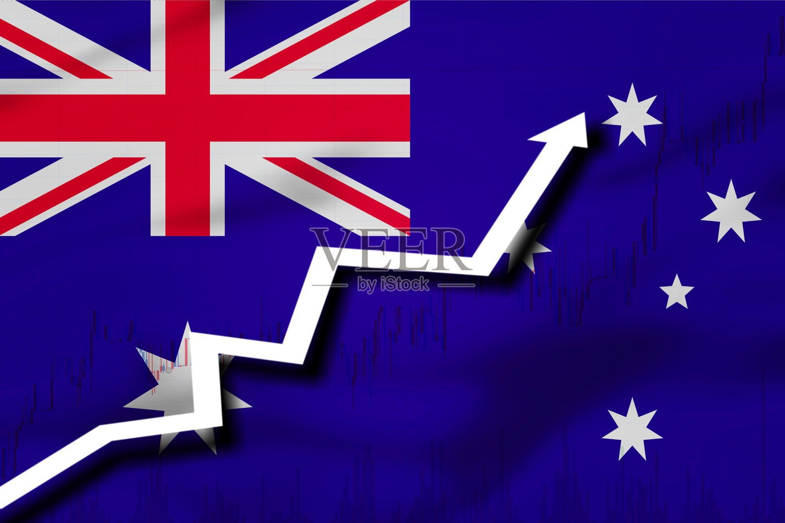白色箭头和股票图表增长的背景上的澳大利亚国旗插画图片素材