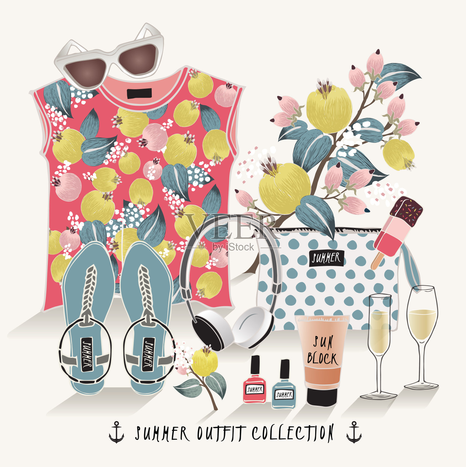 矢量手绘时装插图。一套带有鲜花和树枝的夏季套装。插画图片素材