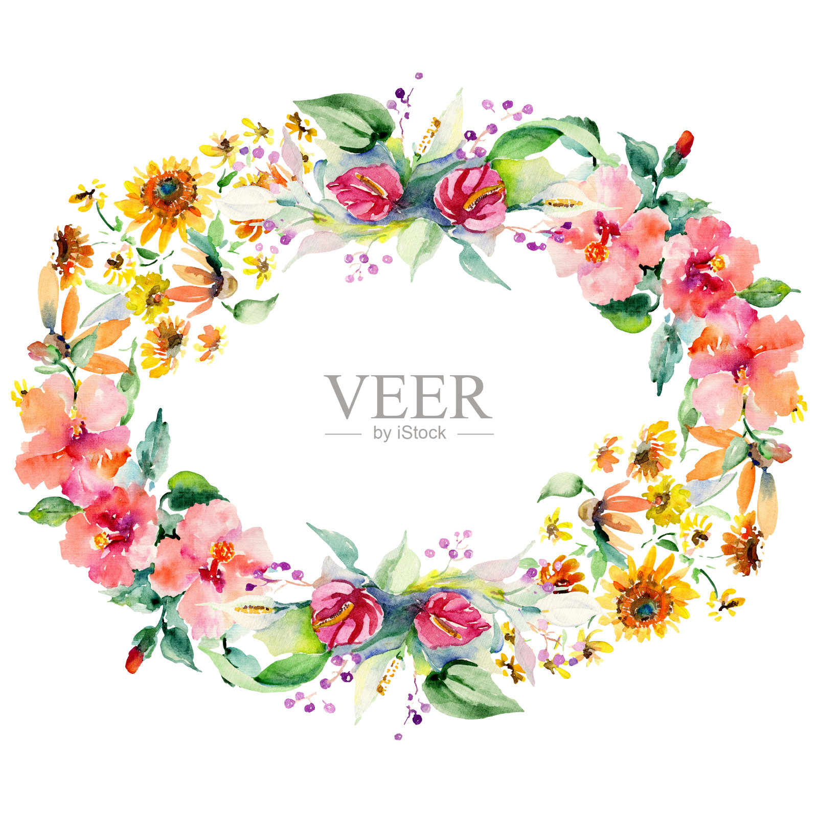 红色、黄色和橙色的花束。水彩背景插图集。边框装饰方形。插画图片素材