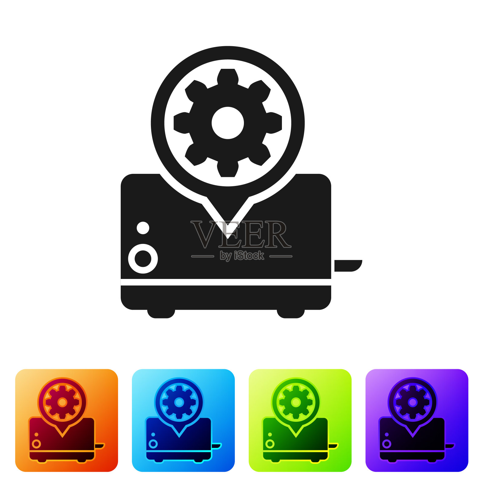 黑色烤面包机和齿轮图标孤立的白色背景。调整app，服务理念，设置选项，维护，维修，固定。设置图标在颜色方形按钮。矢量图图标素材