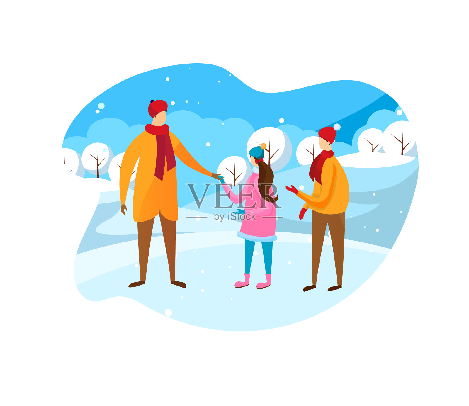 父亲和孩子们在阳光明媚的冬日散步插画图片素材