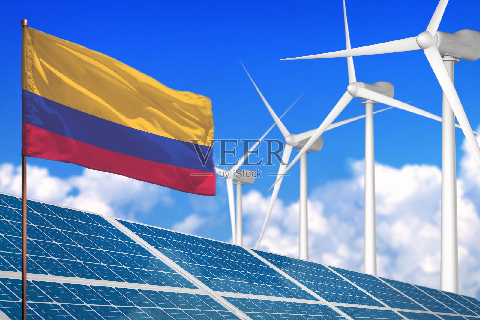 哥伦比亚太阳能和风能，可再生能源概念与太阳能电池板-可再生能源对抗全球变暖-工业插图，3D插图照片摄影图片