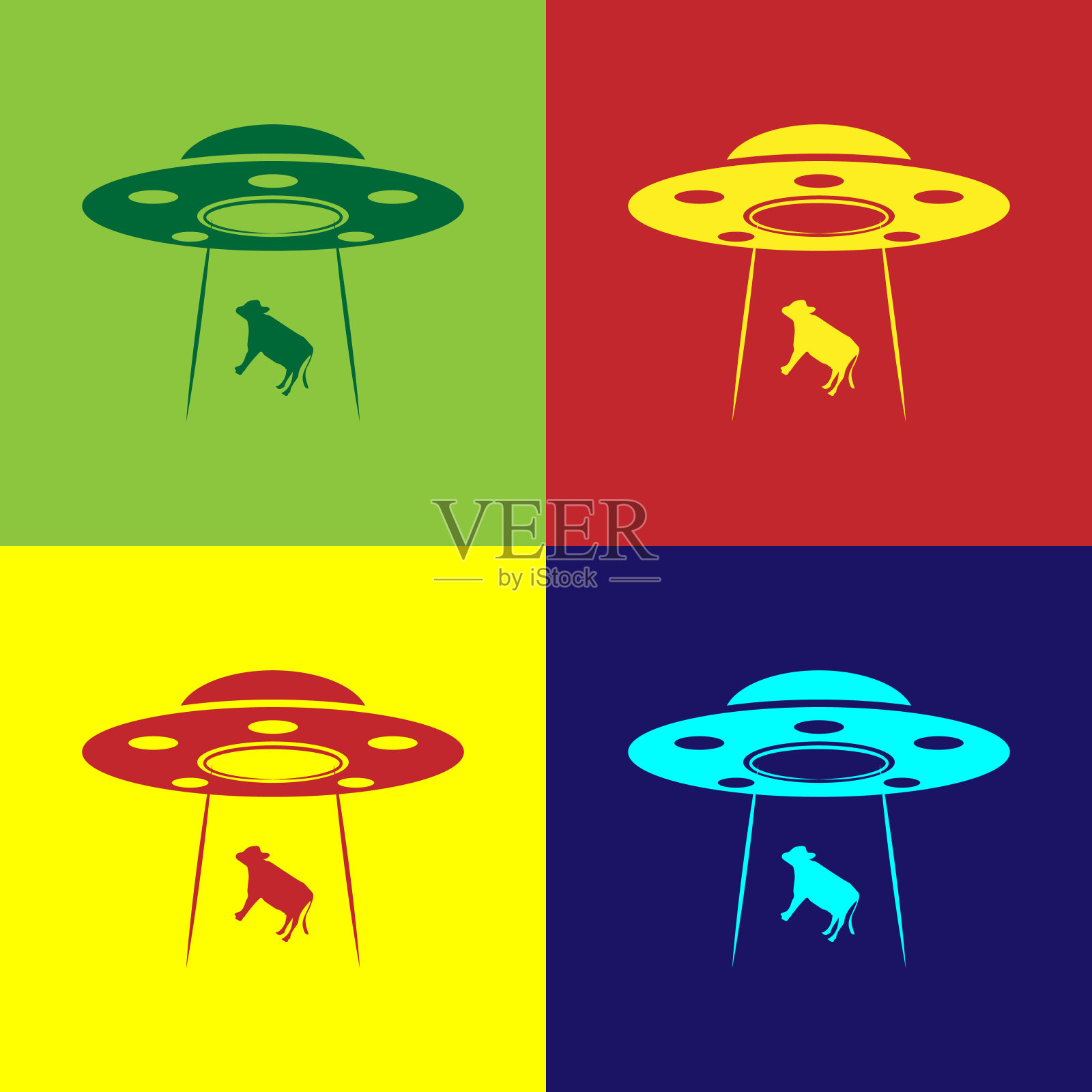 颜色不明飞行物绑架牛图标孤立的颜色背景。飞碟。外星人的宇宙飞船。未来未知飞行物。平面设计。矢量图插画图片素材