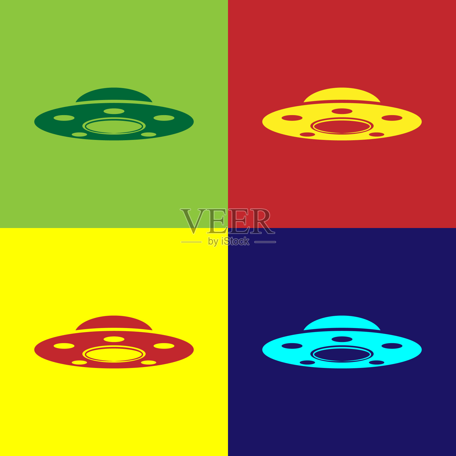 彩色UFO飞行飞船图标孤立的颜色背景。飞碟。外星人的宇宙飞船。未来未知飞行物。平面设计。矢量图插画图片素材