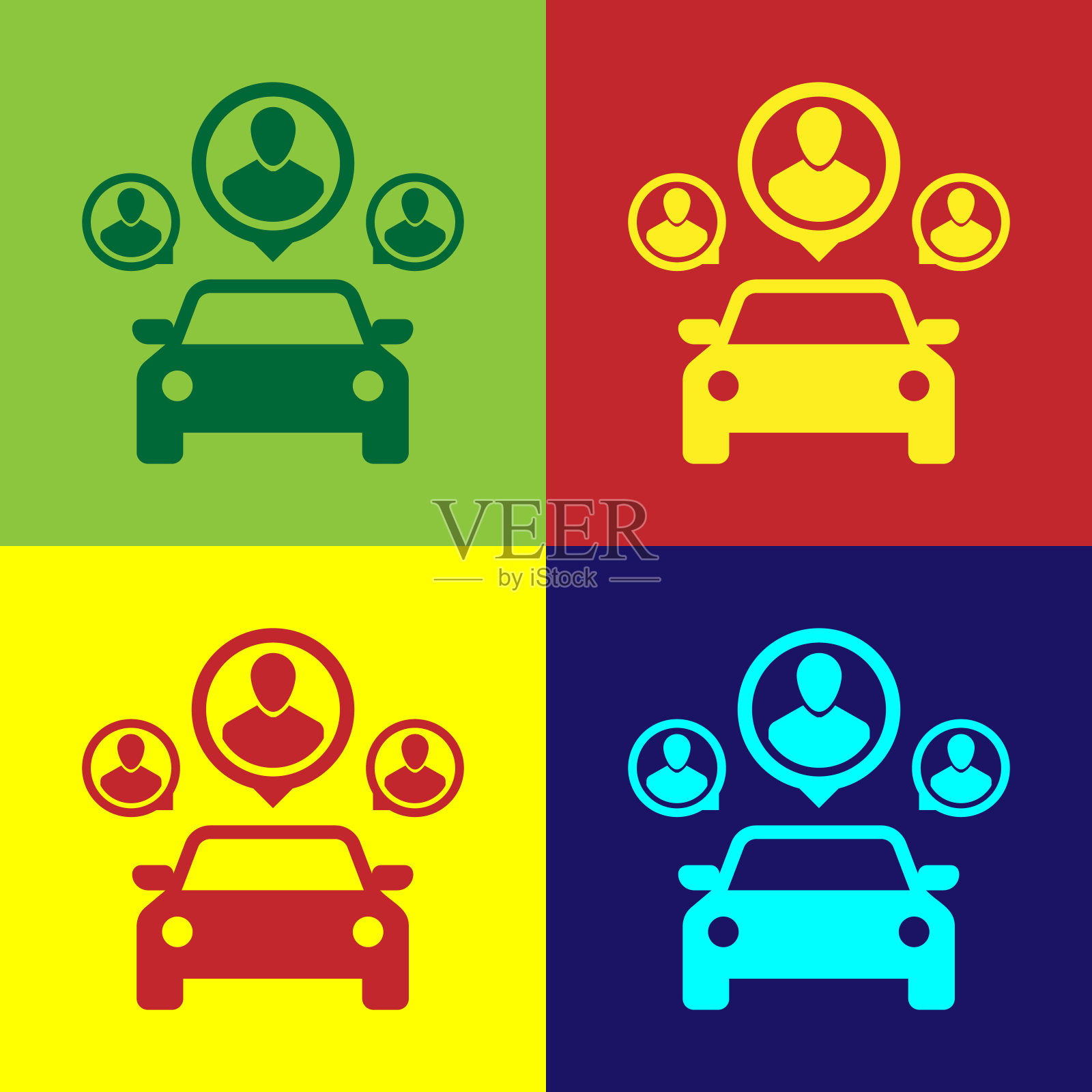 彩色汽车共享与一组人图标孤立的颜色背景。车的迹象。运输租赁服务理念。平面设计。矢量图插画图片素材