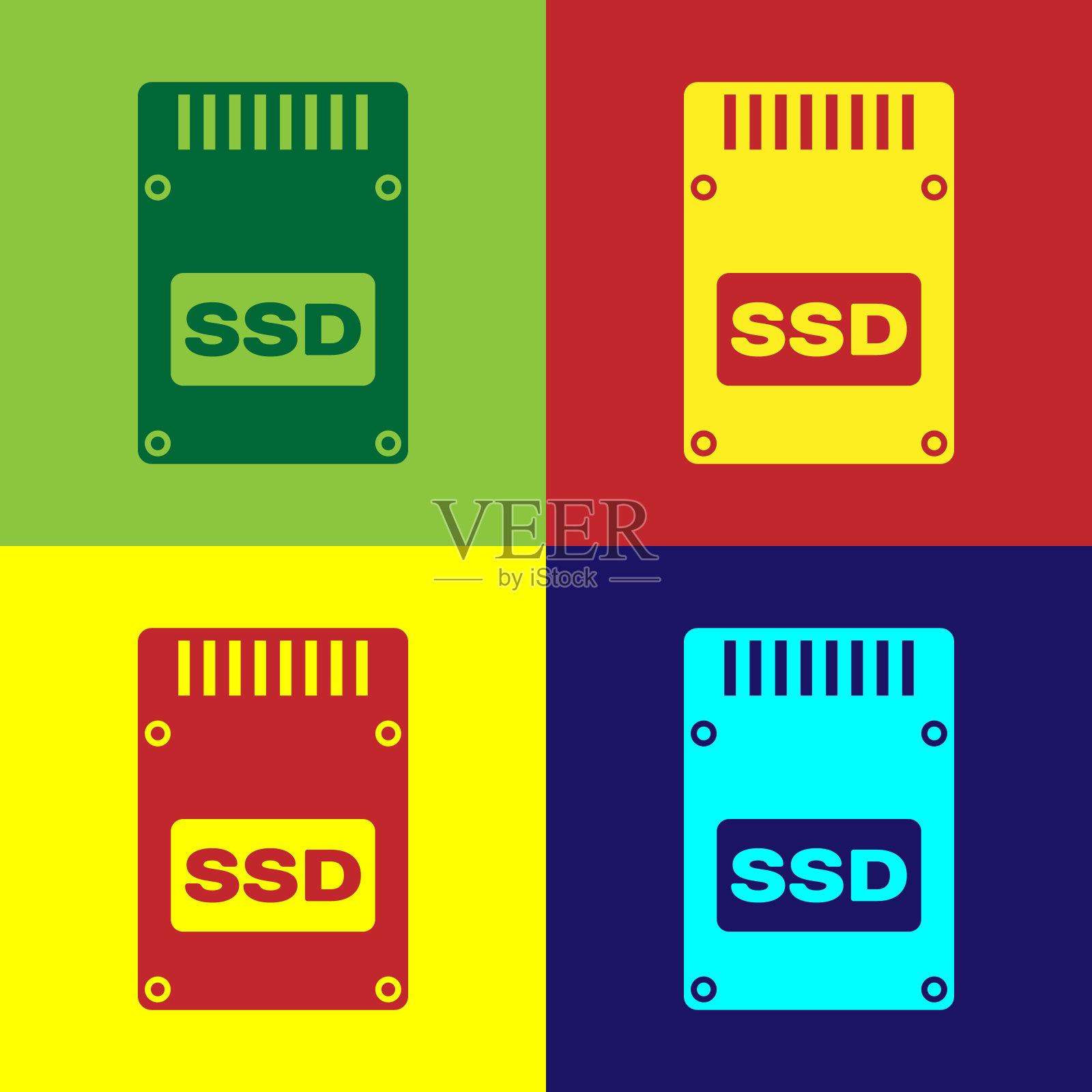 彩色SSD卡图标隔离在彩色背景上。固态驱动器标志。存储磁盘的象征。平面设计。矢量图插画图片素材