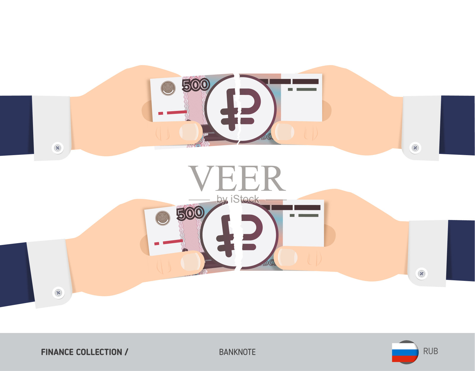 500俄罗斯卢布纸币。一群人在撕钞票。平面风格矢量插图。企业财务的概念。插画图片素材