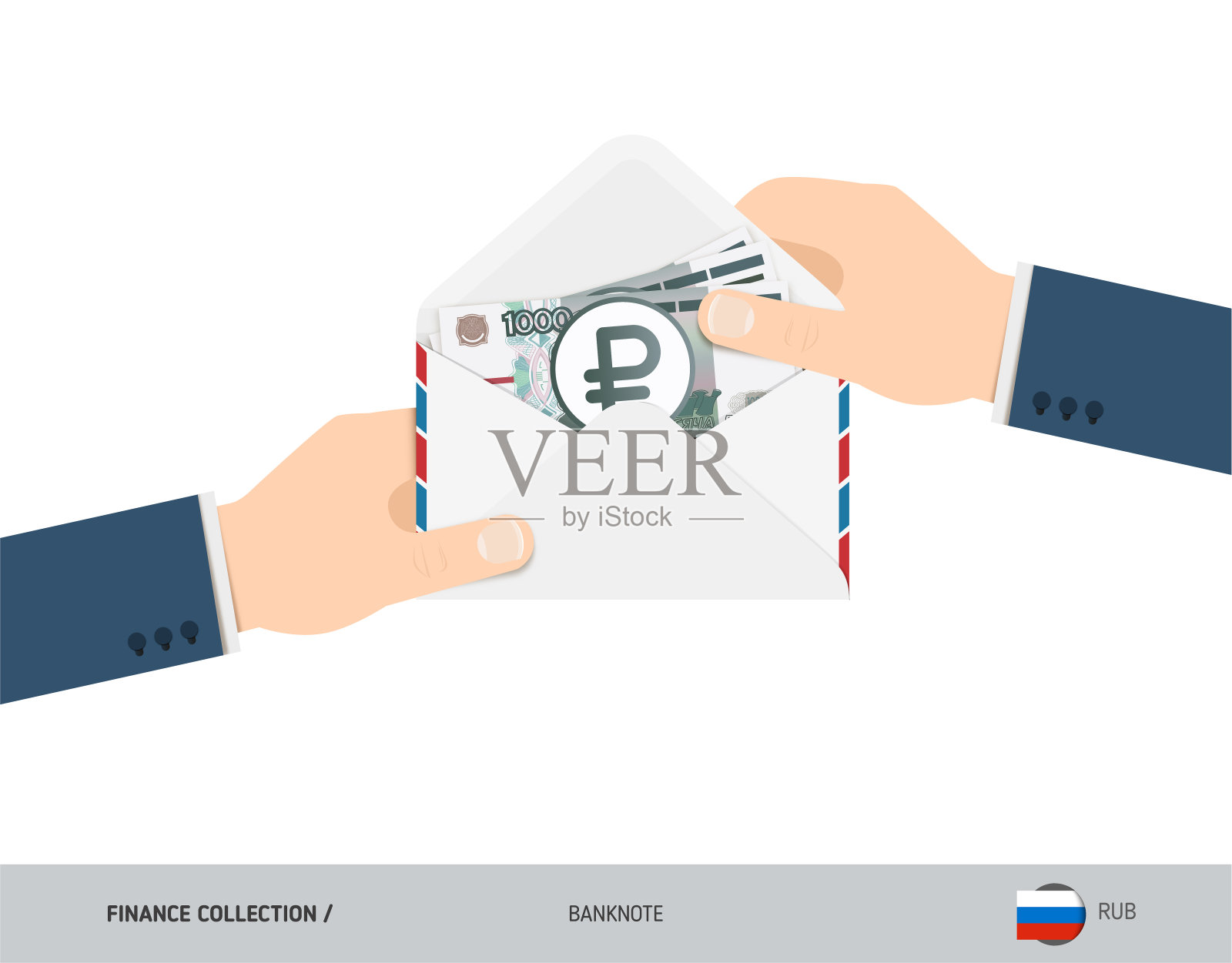手里拿着1000张俄罗斯卢布钞票。平式开白色信封装现金。工资支付或腐败的概念。插画图片素材