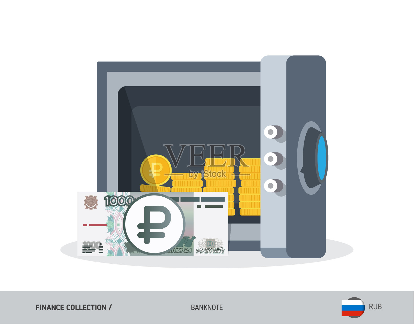 办公室保险箱里有1000卢布钞票。平面风格矢量插图。安全的货币的概念。插画图片素材