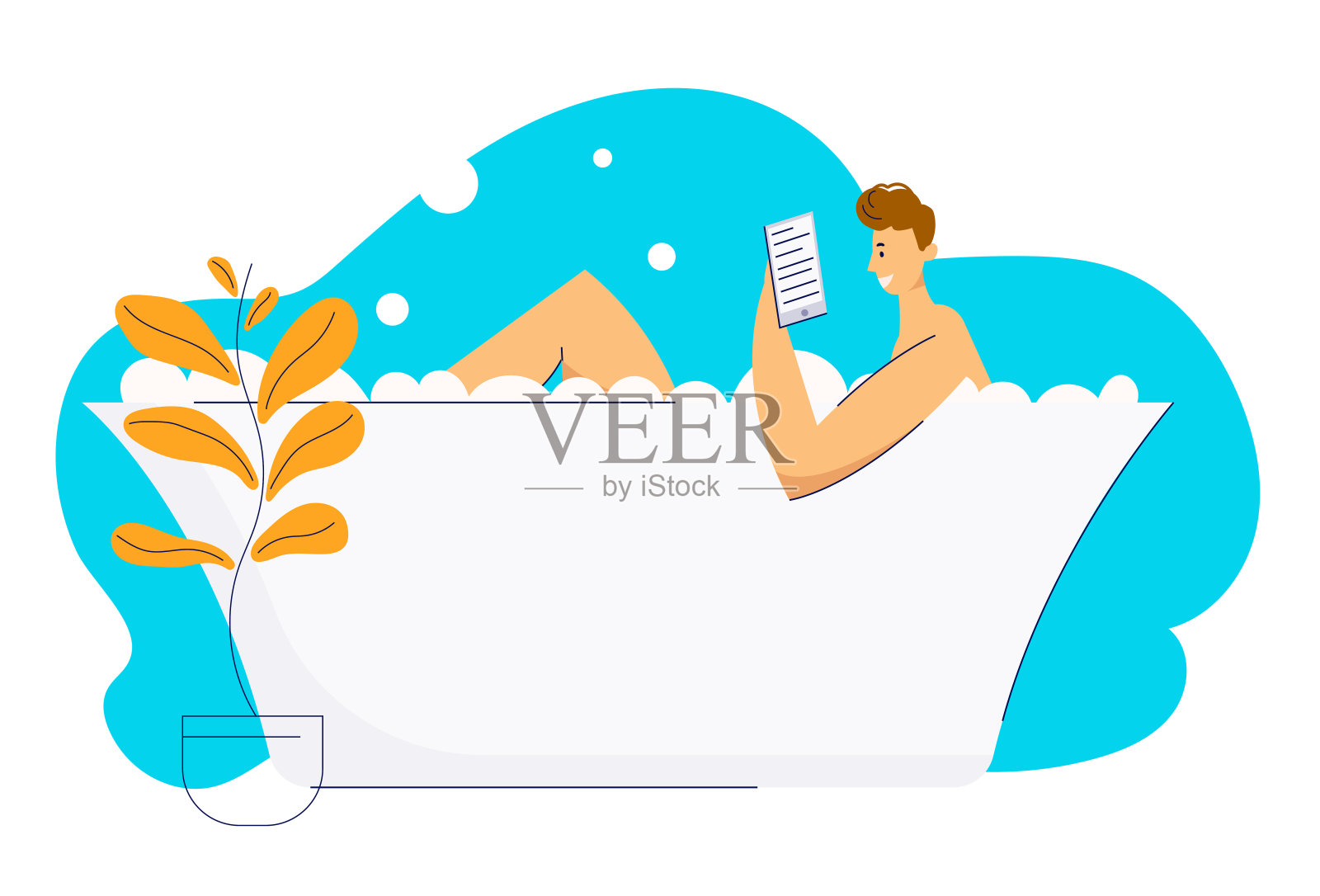 年轻人在巴斯放松和阅读电子书。浴室里的男主人公。在充满泡沫的浴缸里放松的家伙。矢量平面卡通插图插画图片素材