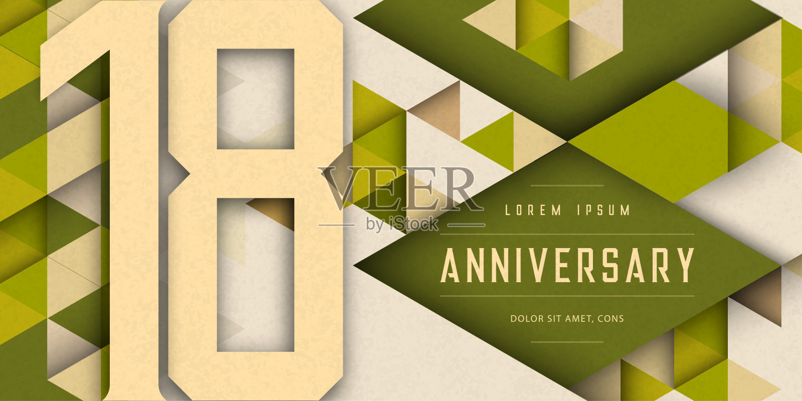 周年庆典标志，18岁生日矢量插图，纹理背景，现代几何风格和彩色多边形设计。18周年模板设计，几何设计插画图片素材