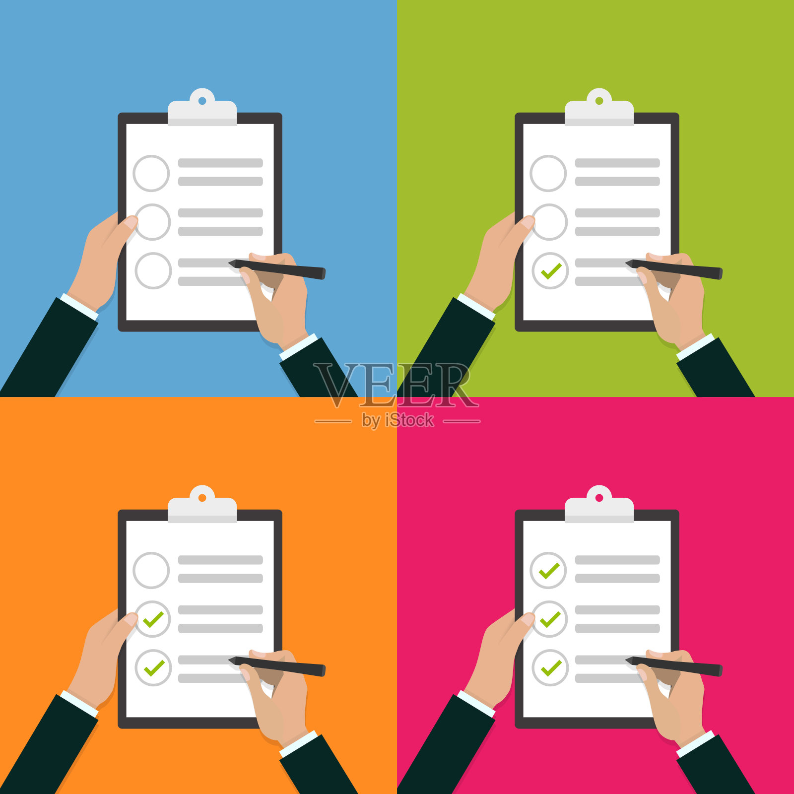 在手剪贴板检查表与笔在平面设计插画图片素材