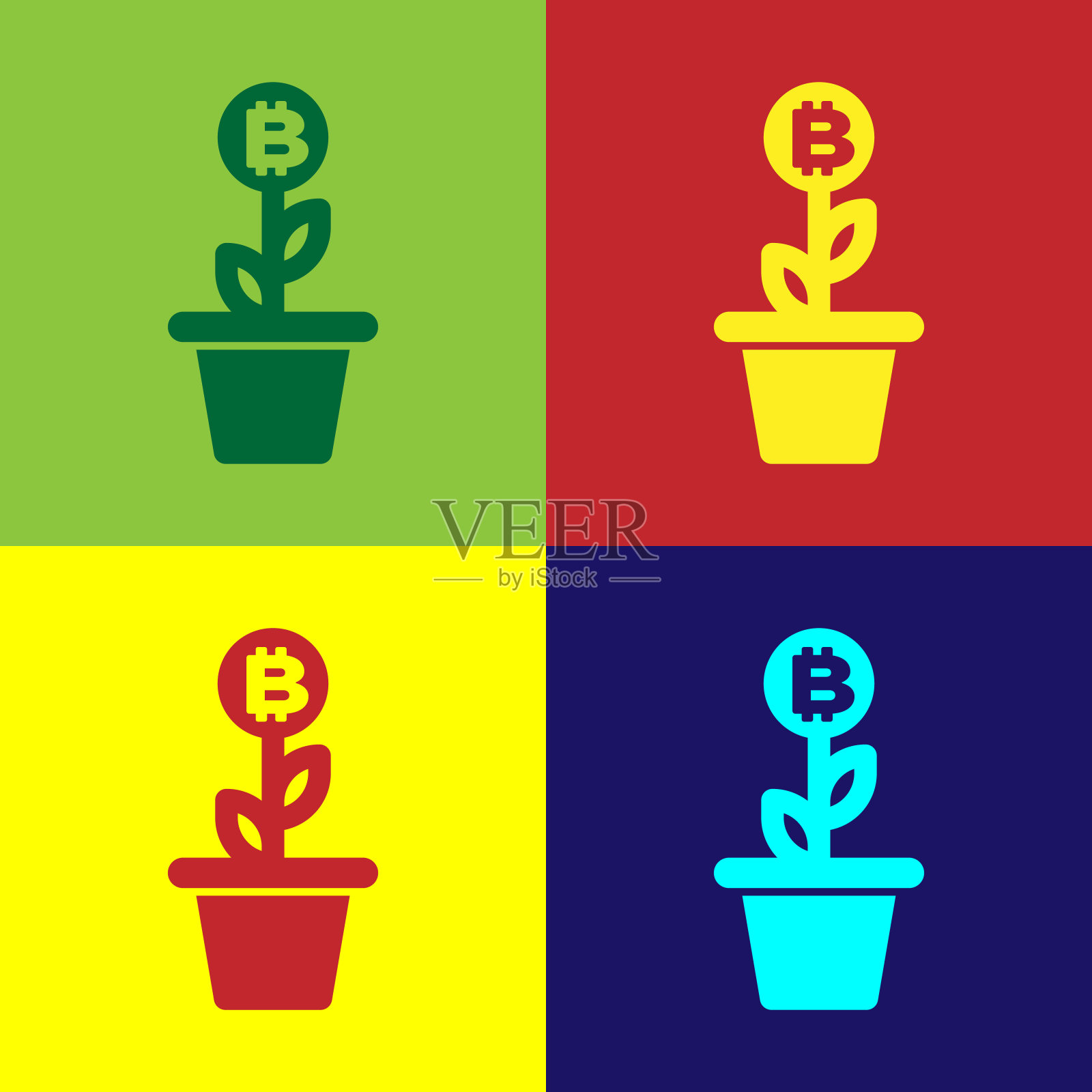 彩色比特币植物在锅图标孤立的颜色背景。企业投资增长理念。区块链技术，加密货币挖矿。矢量图插画图片素材