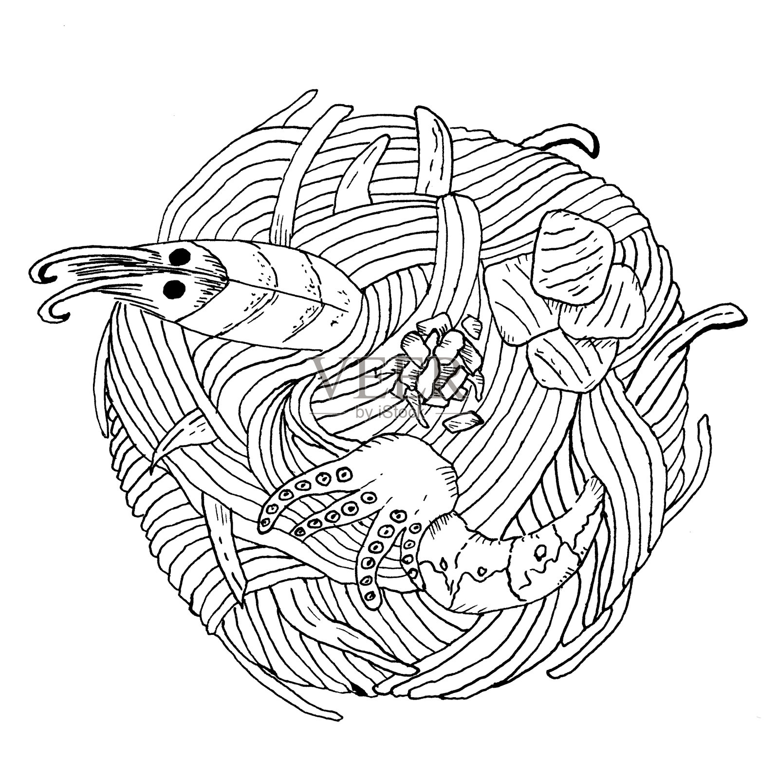 日本美食乌冬面与海鲜手绘线条艺术插画图片素材